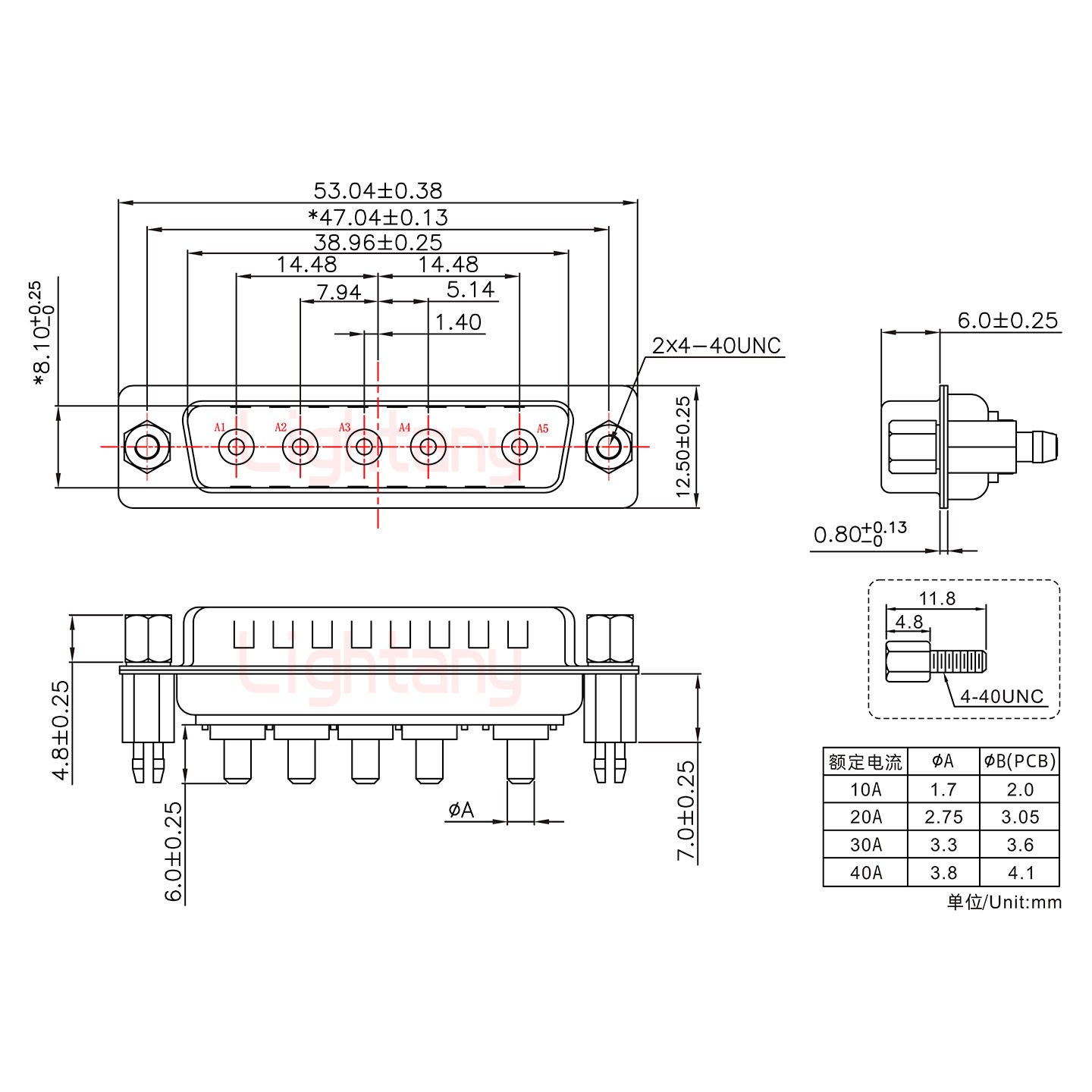 5W5公PCB直插板/鉚魚叉7.0/大電流10A