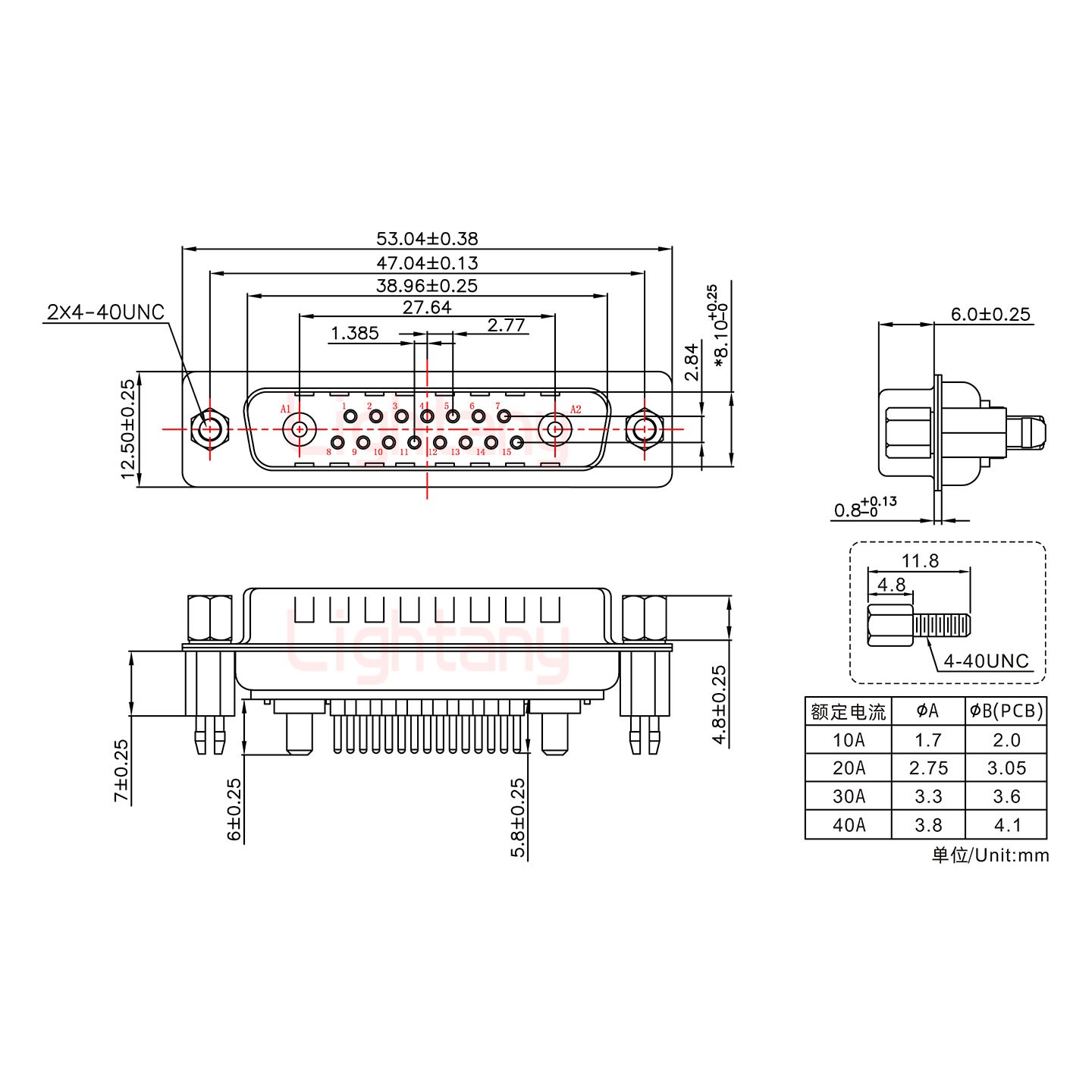 17W2公PCB直插板/鉚魚叉7.0/大電流10A