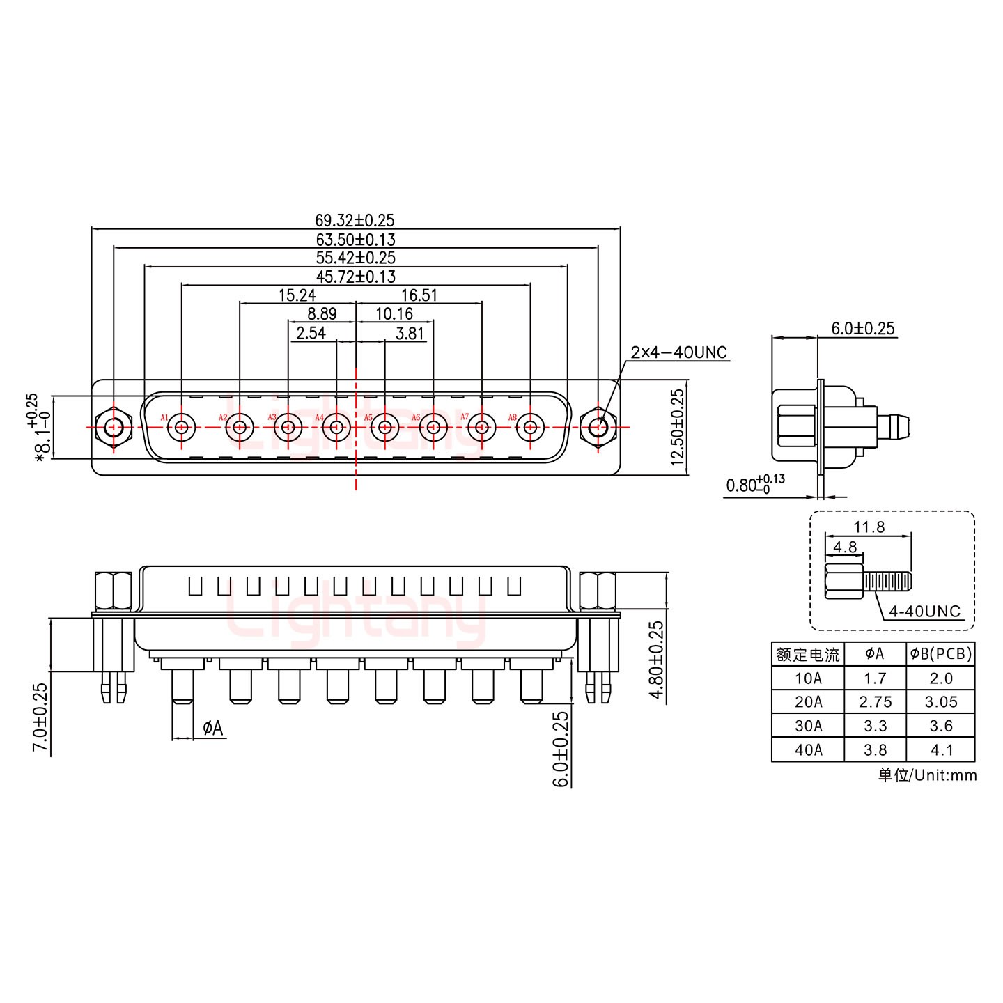 8W8公PCB直插板/鉚魚叉7.0/大電流10A