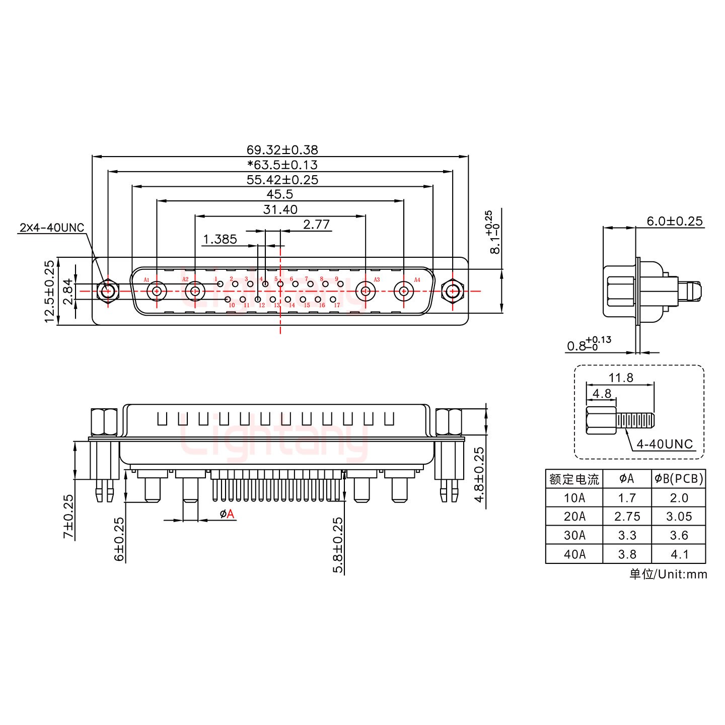 21W4公PCB直插板/鉚魚叉7.0/大電流20A