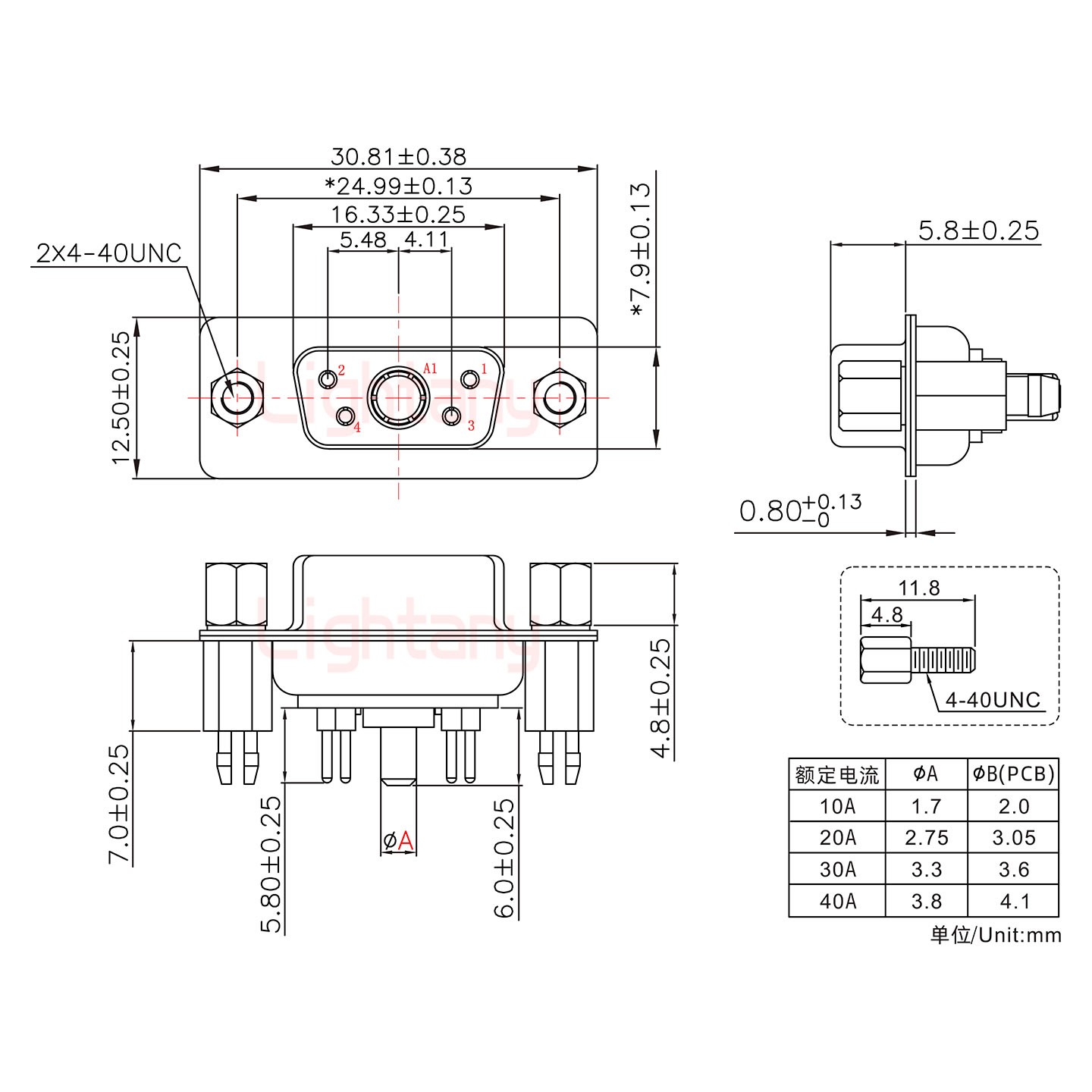 5W1母PCB直插板/鉚魚叉7.0/大電流30A