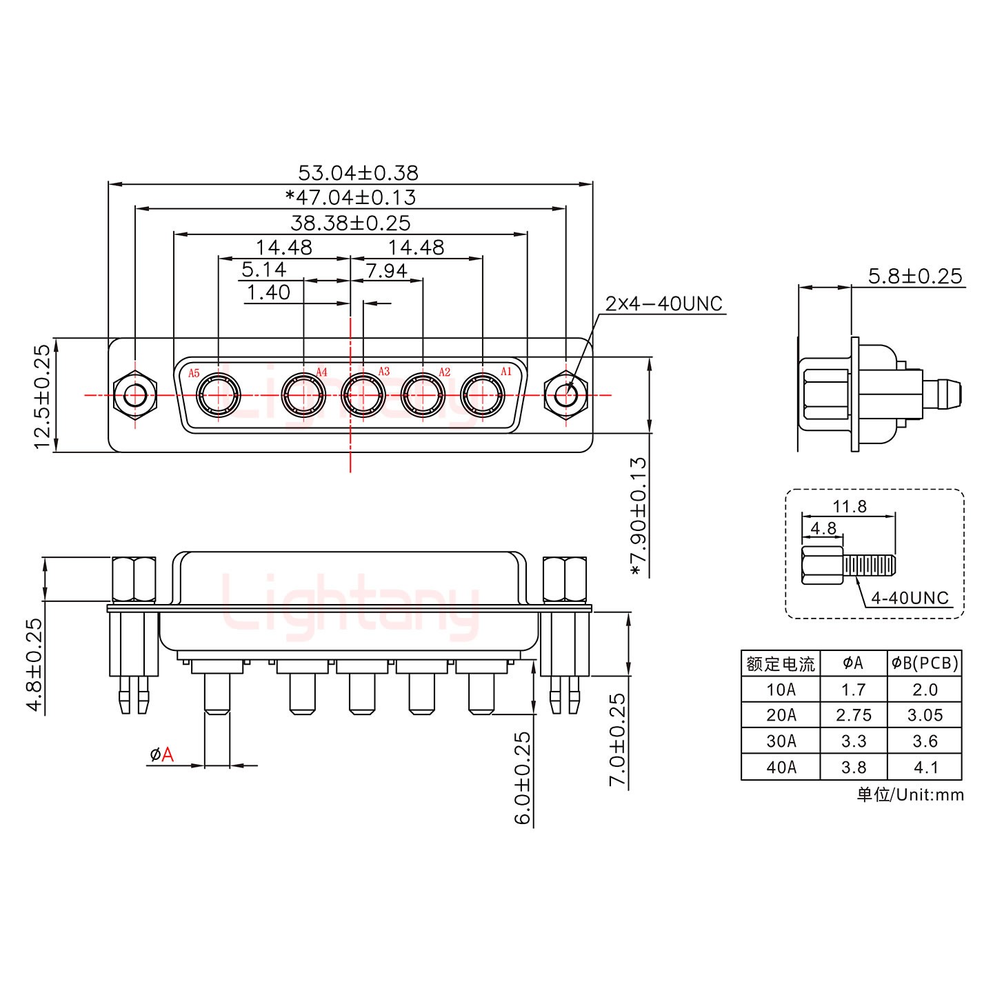 5W5母PCB直插板/鉚魚叉7.0/大電流20A