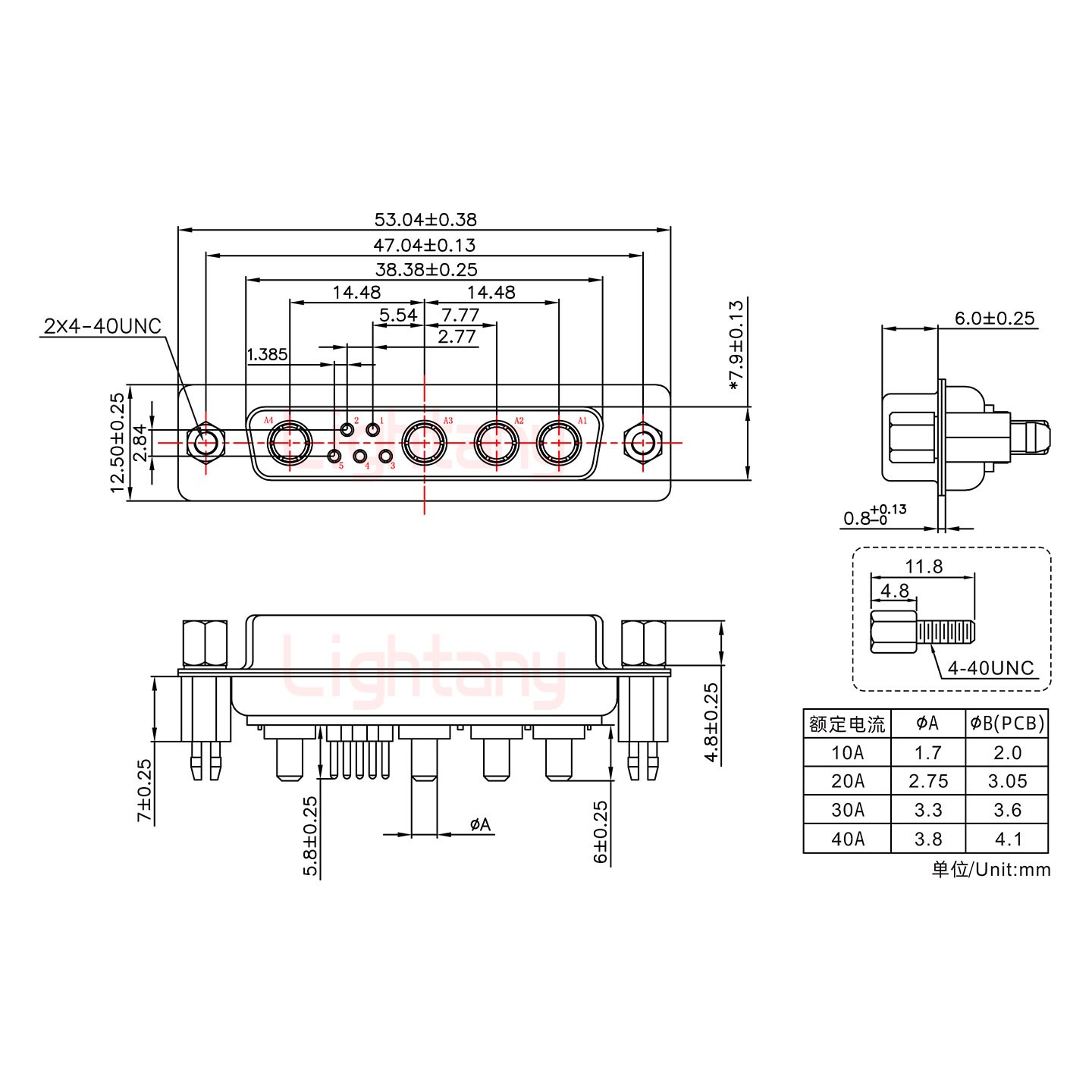 9W4母PCB直插板/鉚魚叉7.0/大電流10A