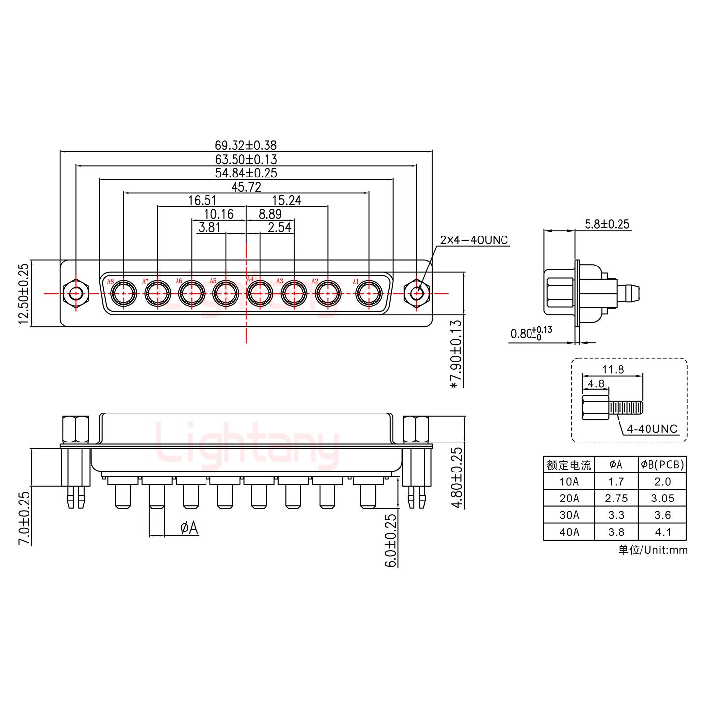 8W8母PCB直插板/鉚魚叉7.0/大電流10A