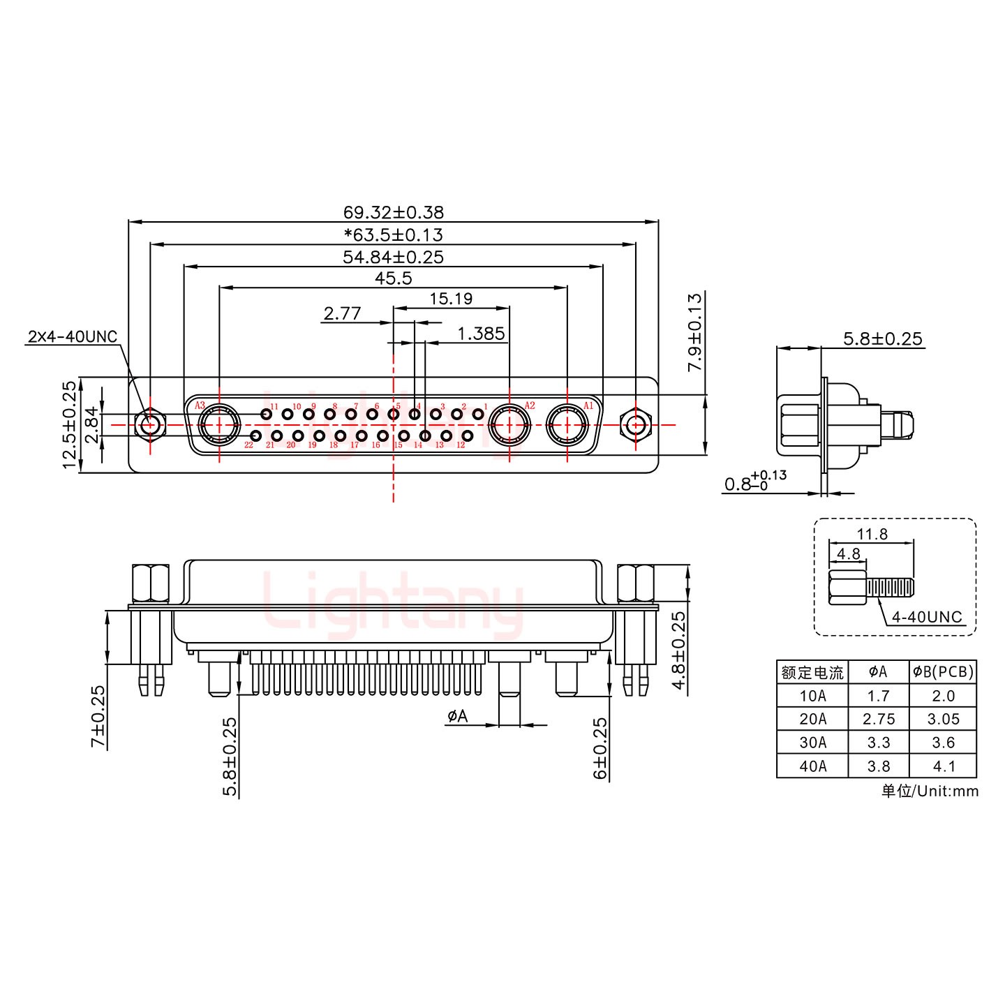 25W3母PCB直插板/鉚魚叉7.0/大電流20A