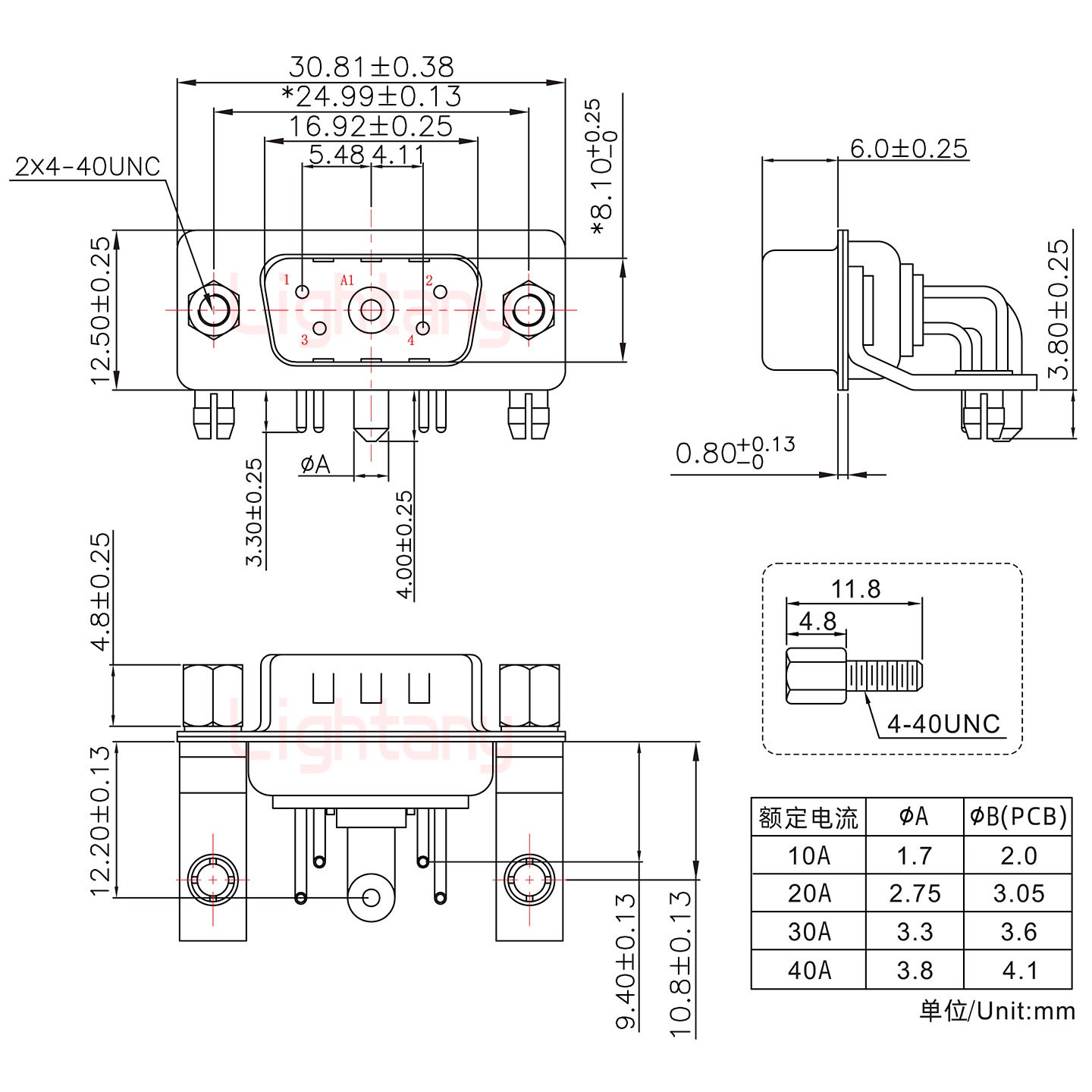 5W1公PCB彎插板/鉚支架10.8/大電流20A