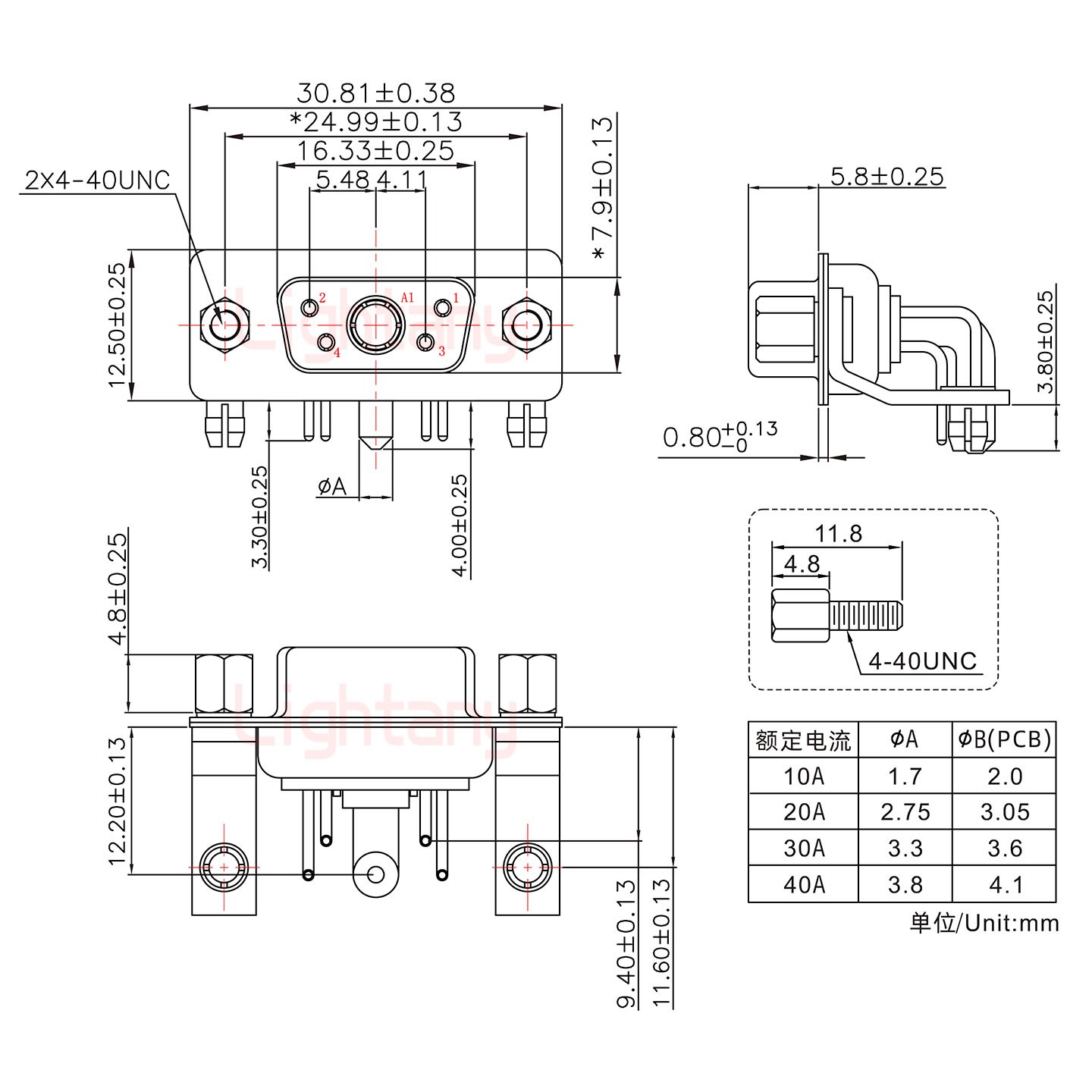 5W1母PCB彎插板/鉚支架11.6/大電流10A