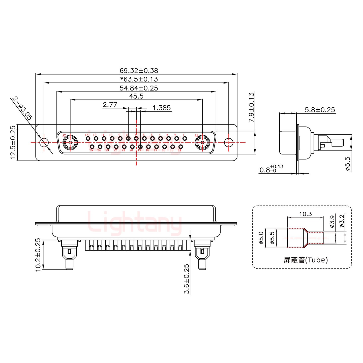 27W2母焊線式75歐姆+37P金屬外殼951彎出線4~12mm