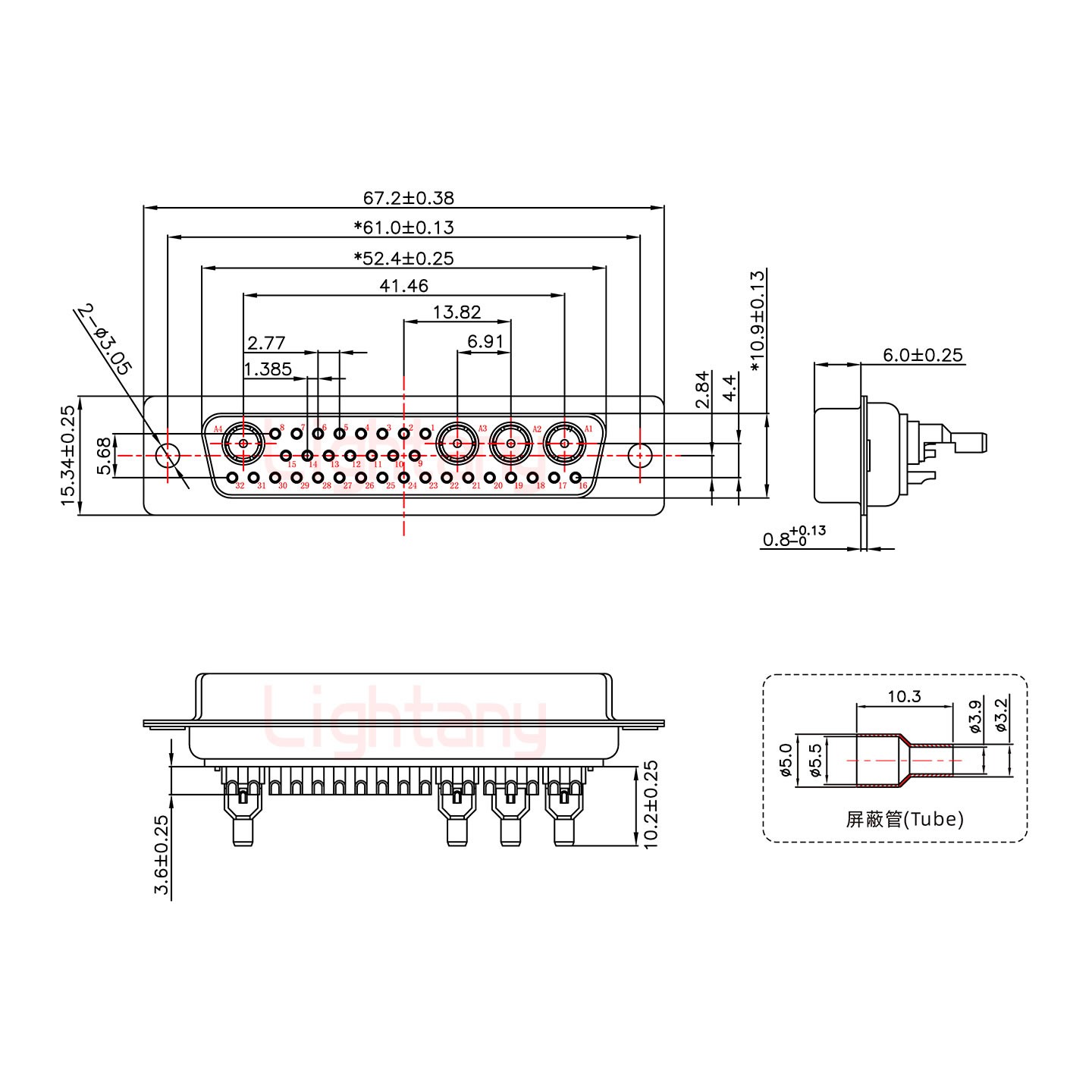 36W4母焊線式50歐姆+50P金屬外殼1745彎出線4~12mm