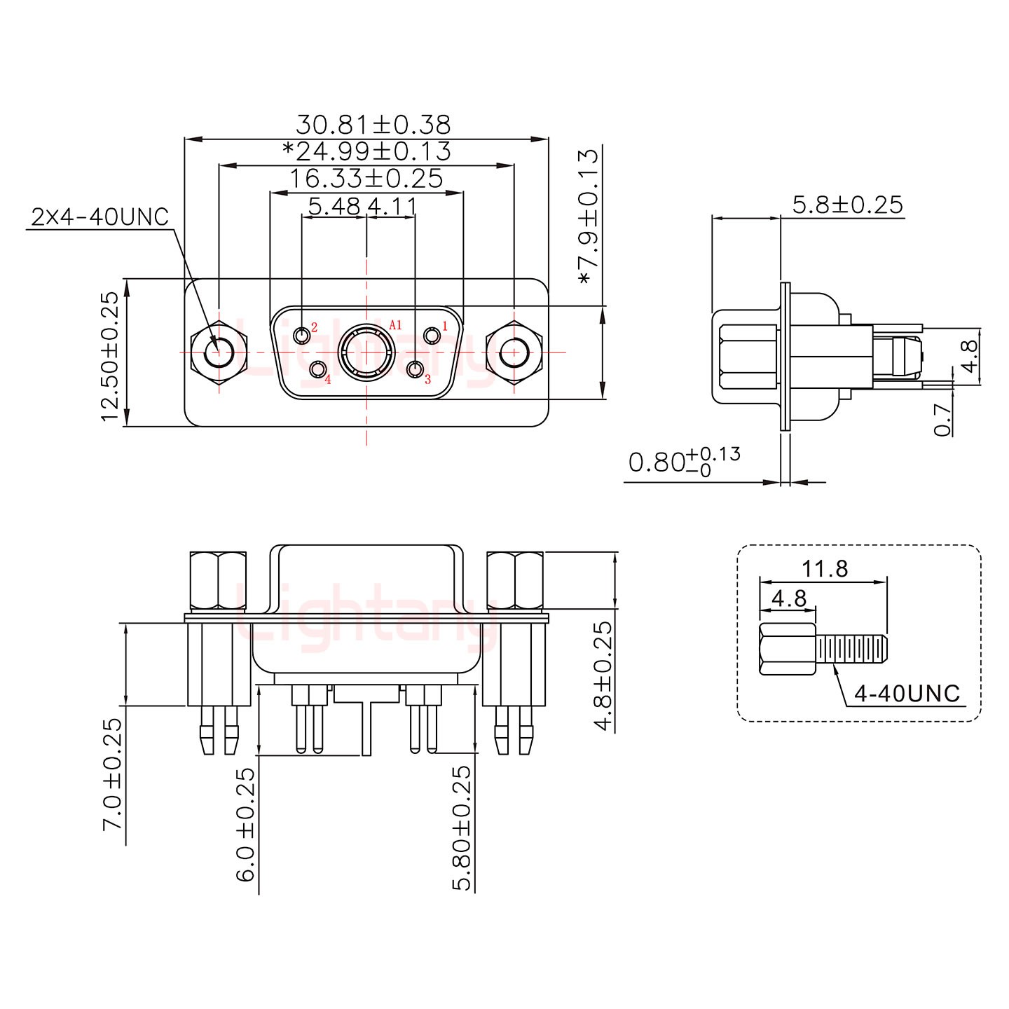 5W1母PCB直插板/鉚魚叉7.0/射頻同軸50歐姆