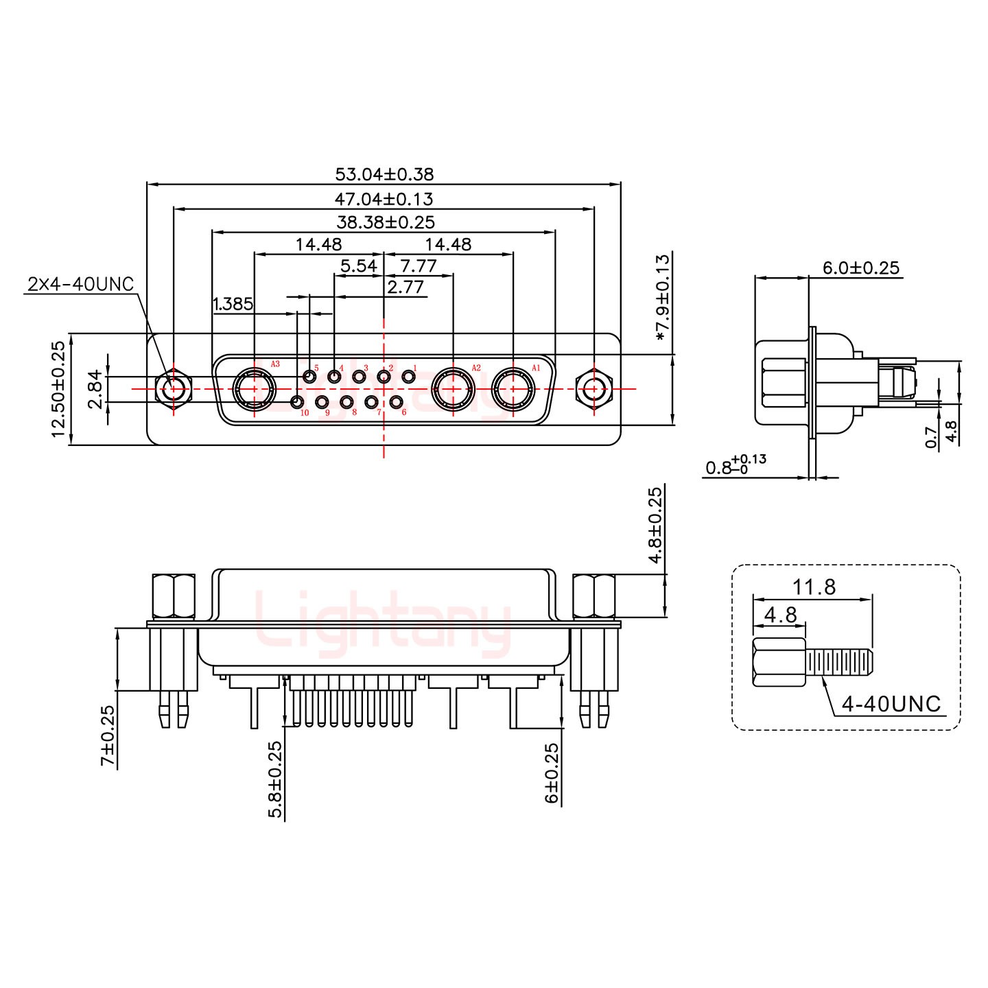 13W3母PCB直插板/鉚魚叉7.0/射頻同軸75歐姆