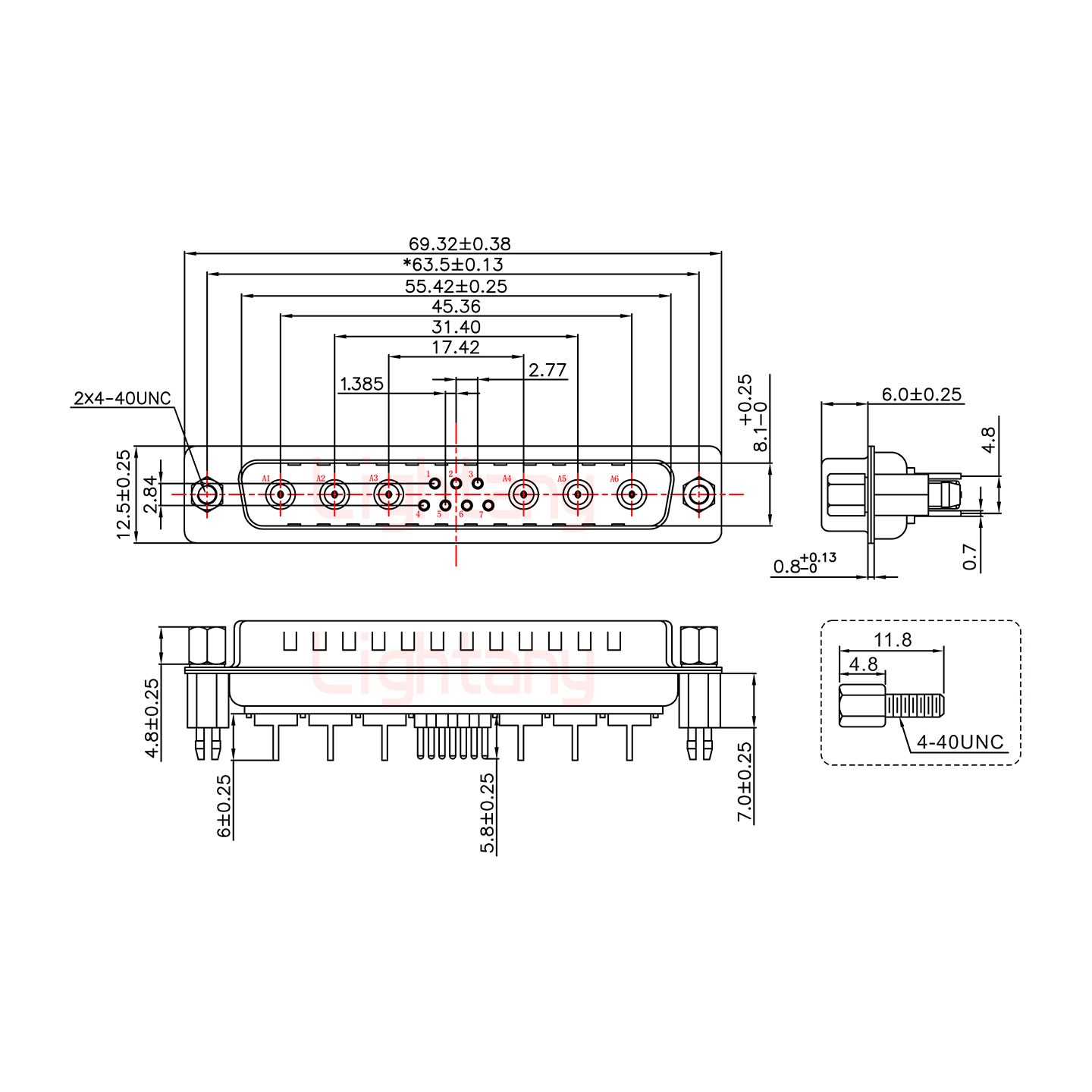 13W6A公PCB直插板/鉚魚叉7.0/射頻同軸75歐姆