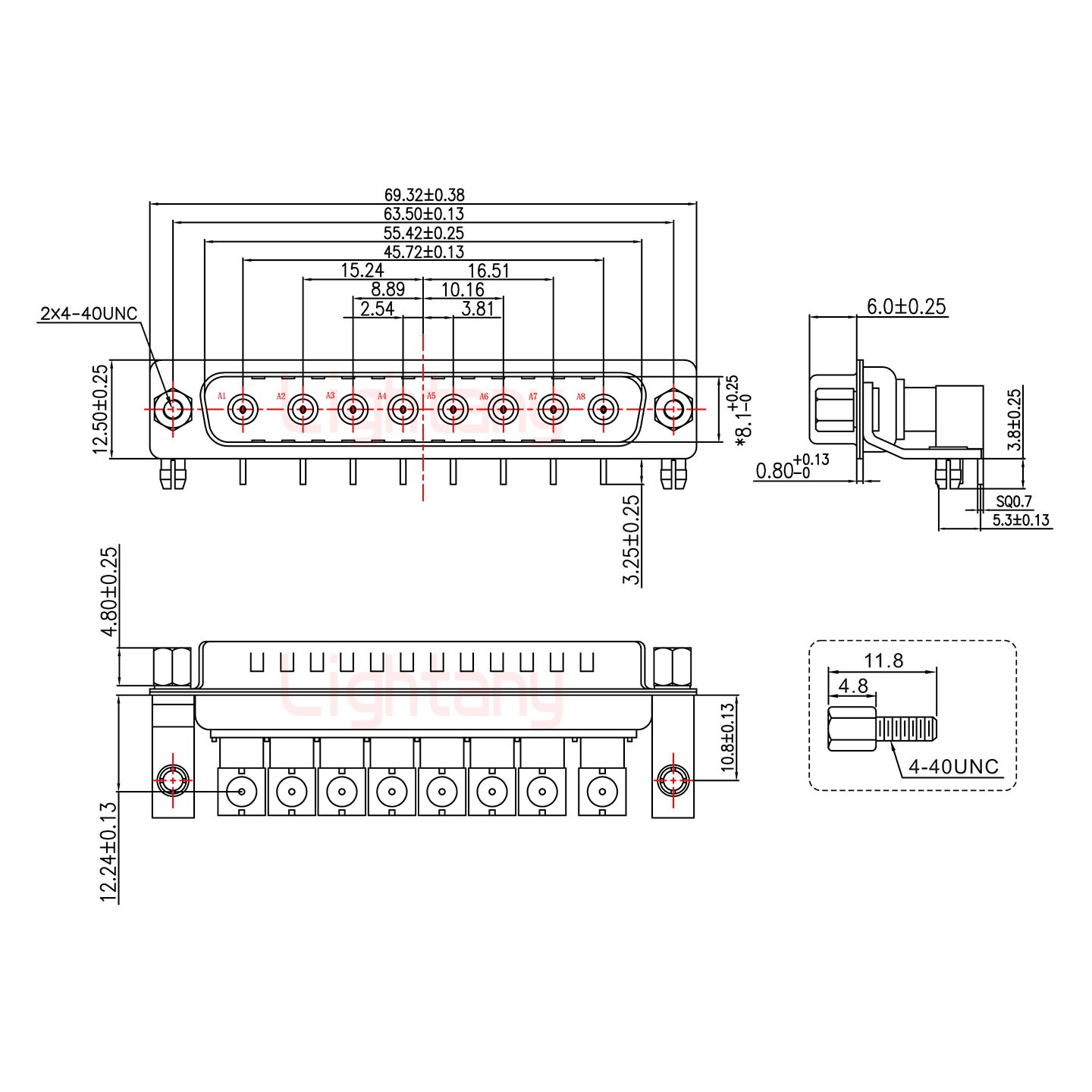 8W8公PCB彎插板/鉚支架10.8/射頻同軸75歐姆