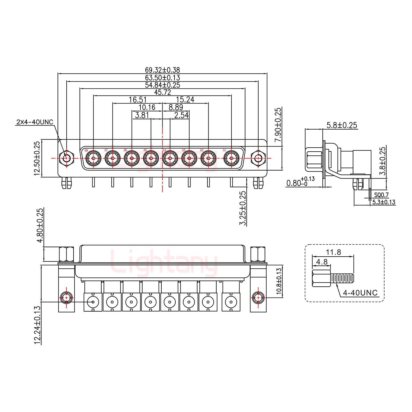 8W8母PCB彎插板/鉚支架10.8/射頻同軸75歐姆