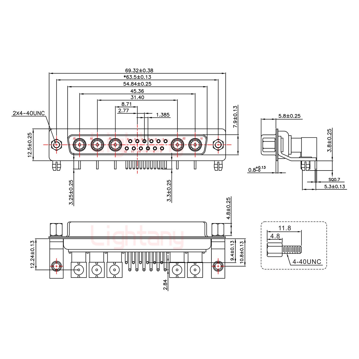 17W5母PCB彎插板/鉚支架10.8/射頻同軸50歐姆