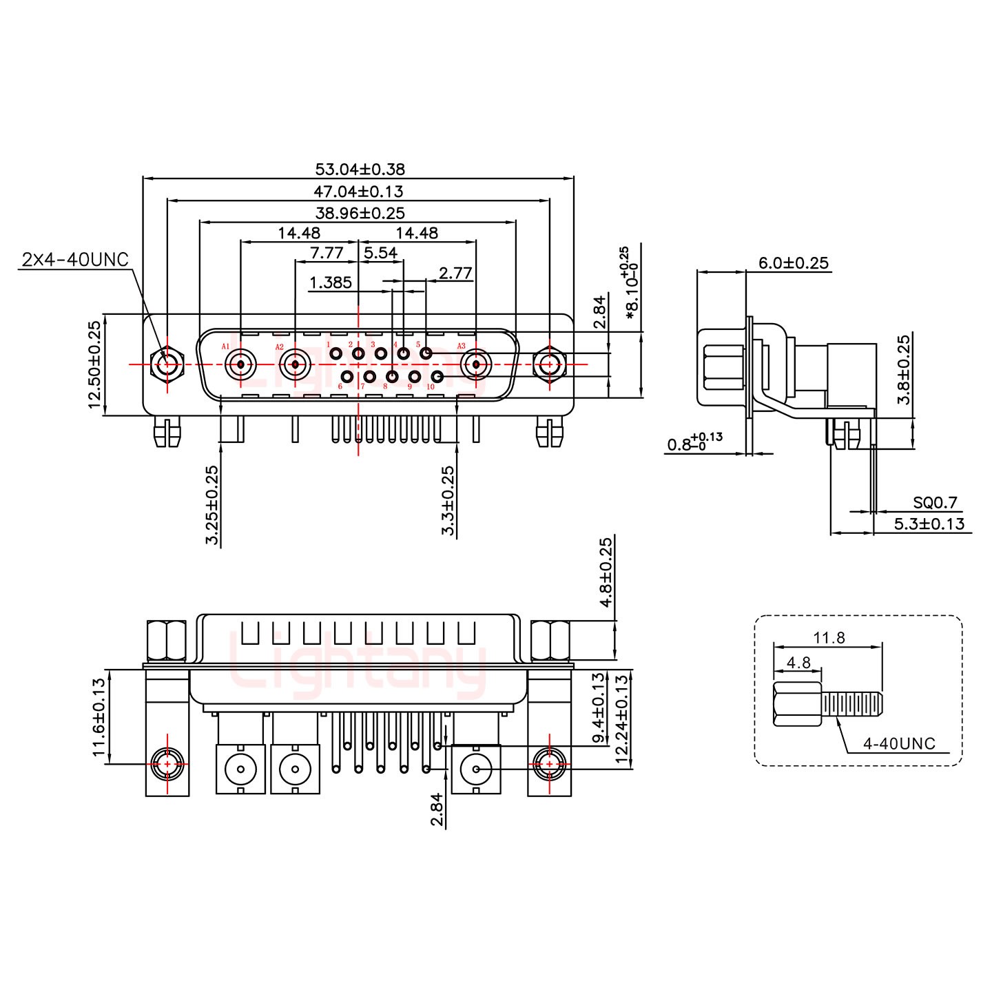 13W3公PCB彎插板/鉚支架11.6/射頻同軸75歐姆