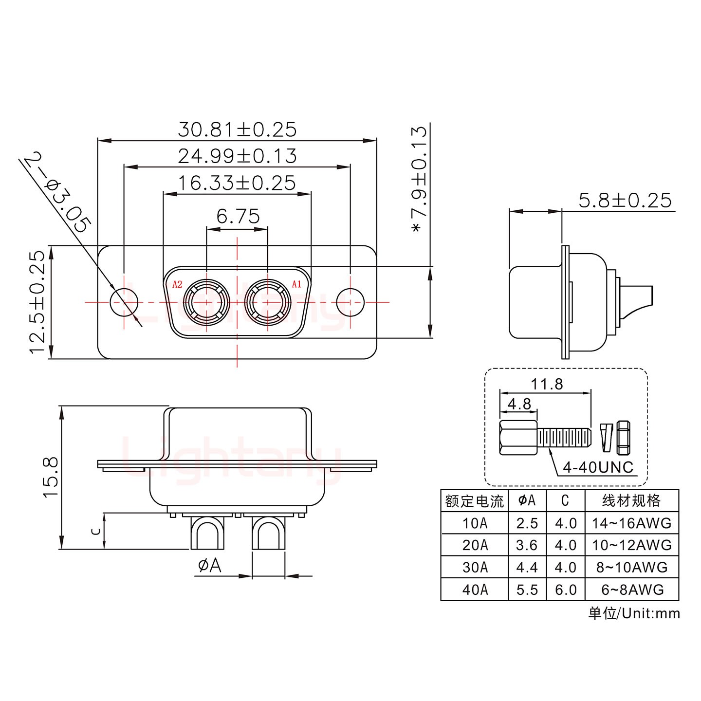 2W2母短體焊線/配螺絲螺母/大電流30A