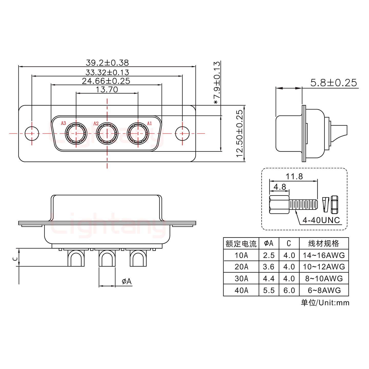 3W3母短體焊線/配螺絲螺母/大電流40A