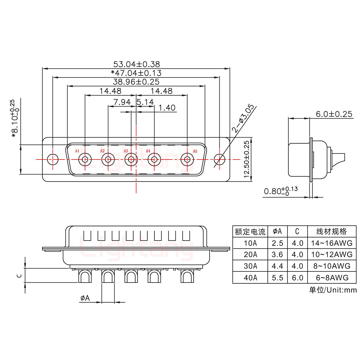 5W5公短體焊線/光孔/大電流30A