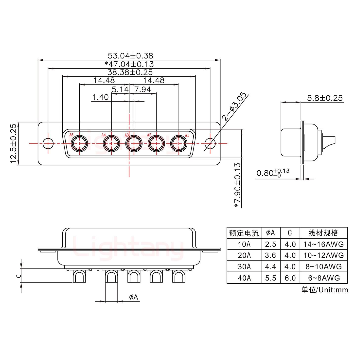 5W5母短體焊線/光孔/大電流10A