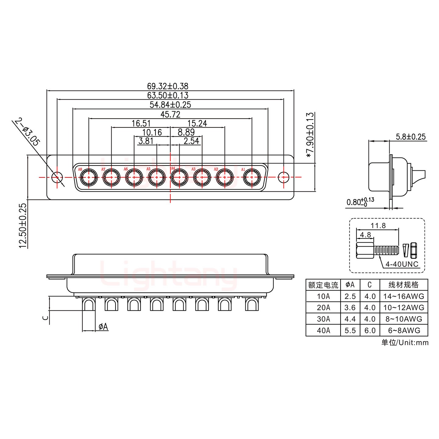 8W8母短體焊線(xiàn)/配螺絲螺母/大電流40A