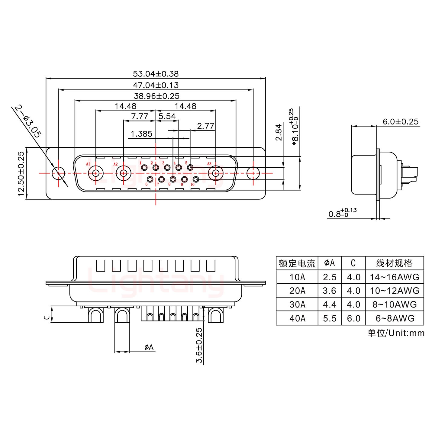 13W3公短體焊線/光孔/大電流30A