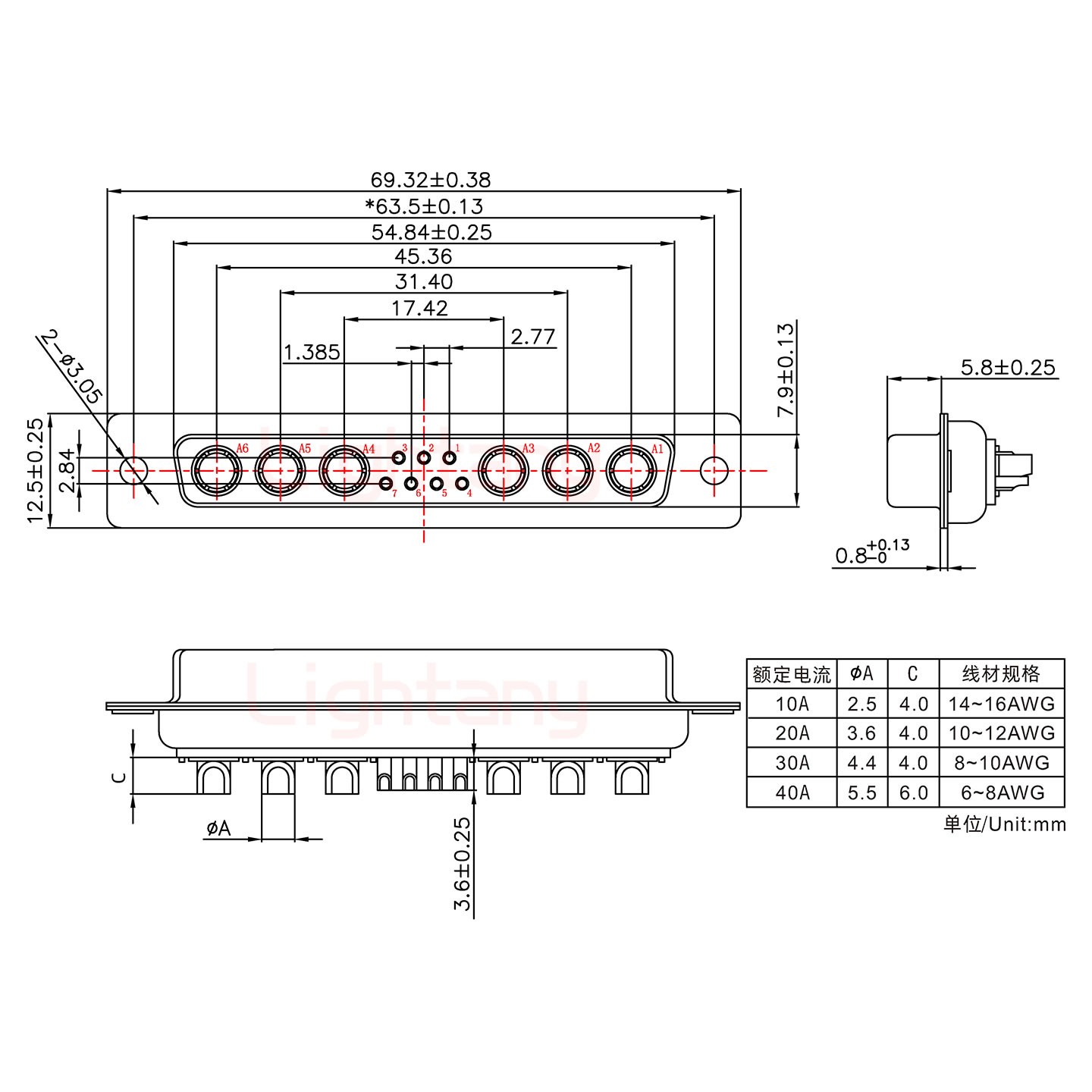 13W6A母短體焊線/光孔/大電流20A