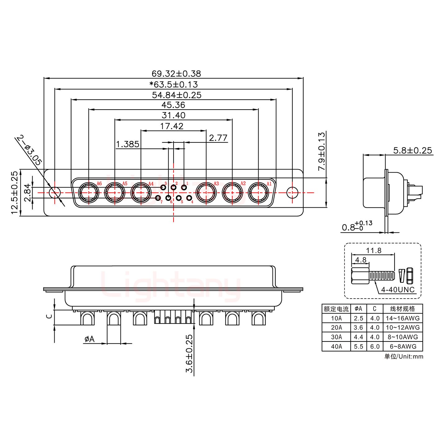 13W6A母短體焊線/配螺絲螺母/大電流20A