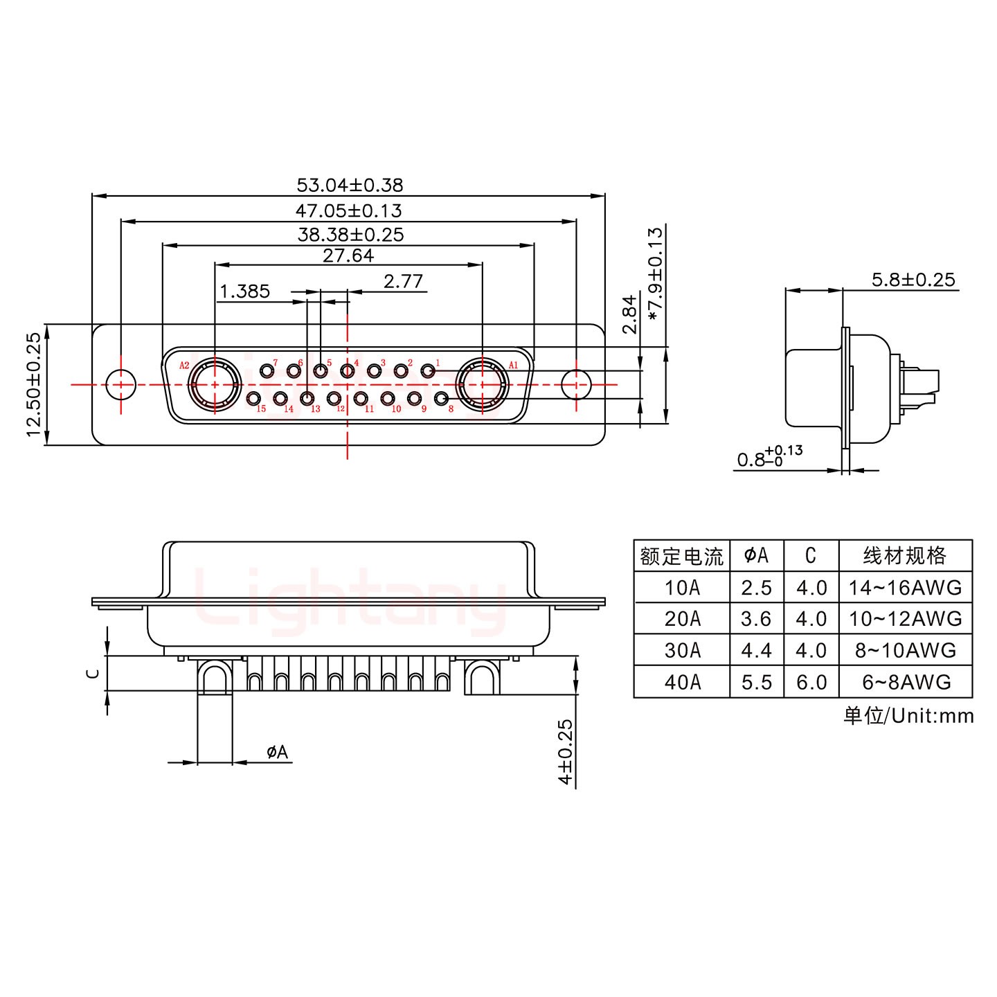 17W2母短體焊線/光孔/大電流10A