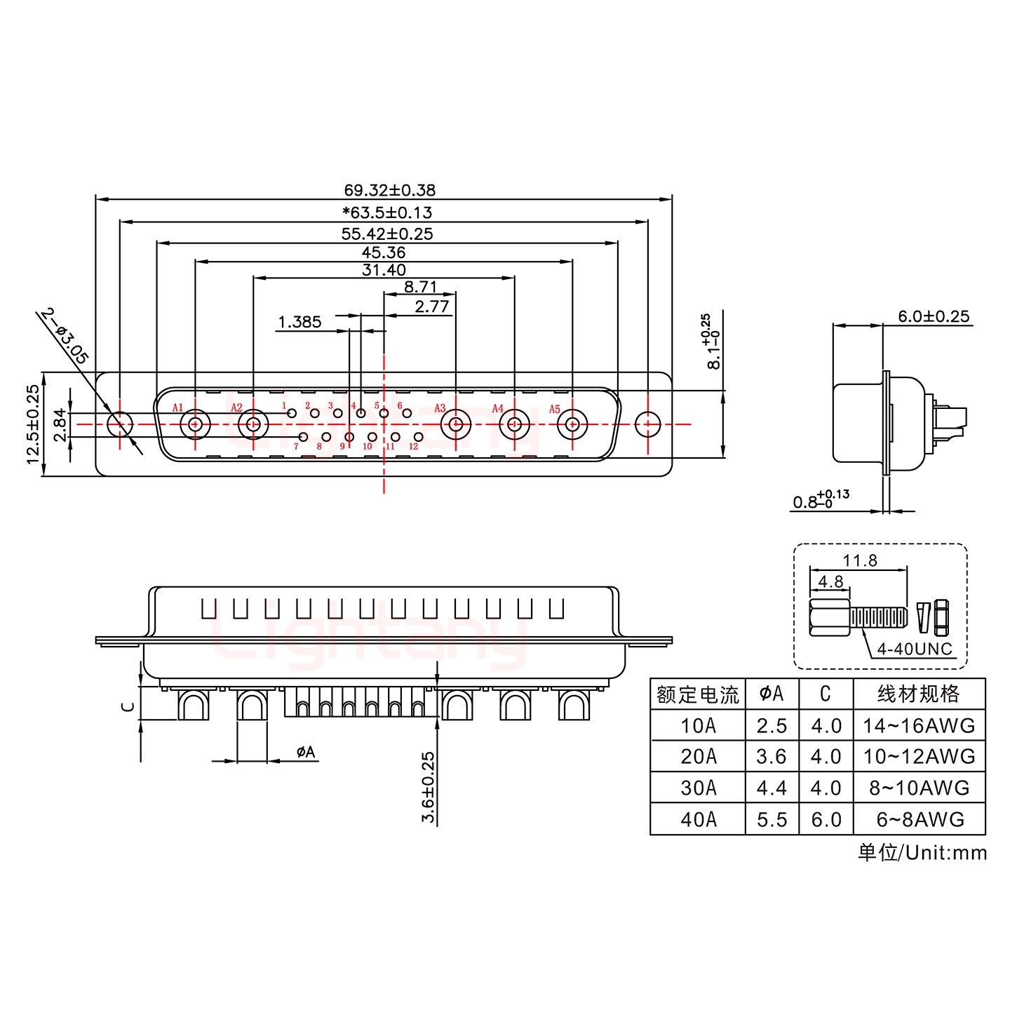 17W5公短體焊線/配螺絲螺母/大電流10A