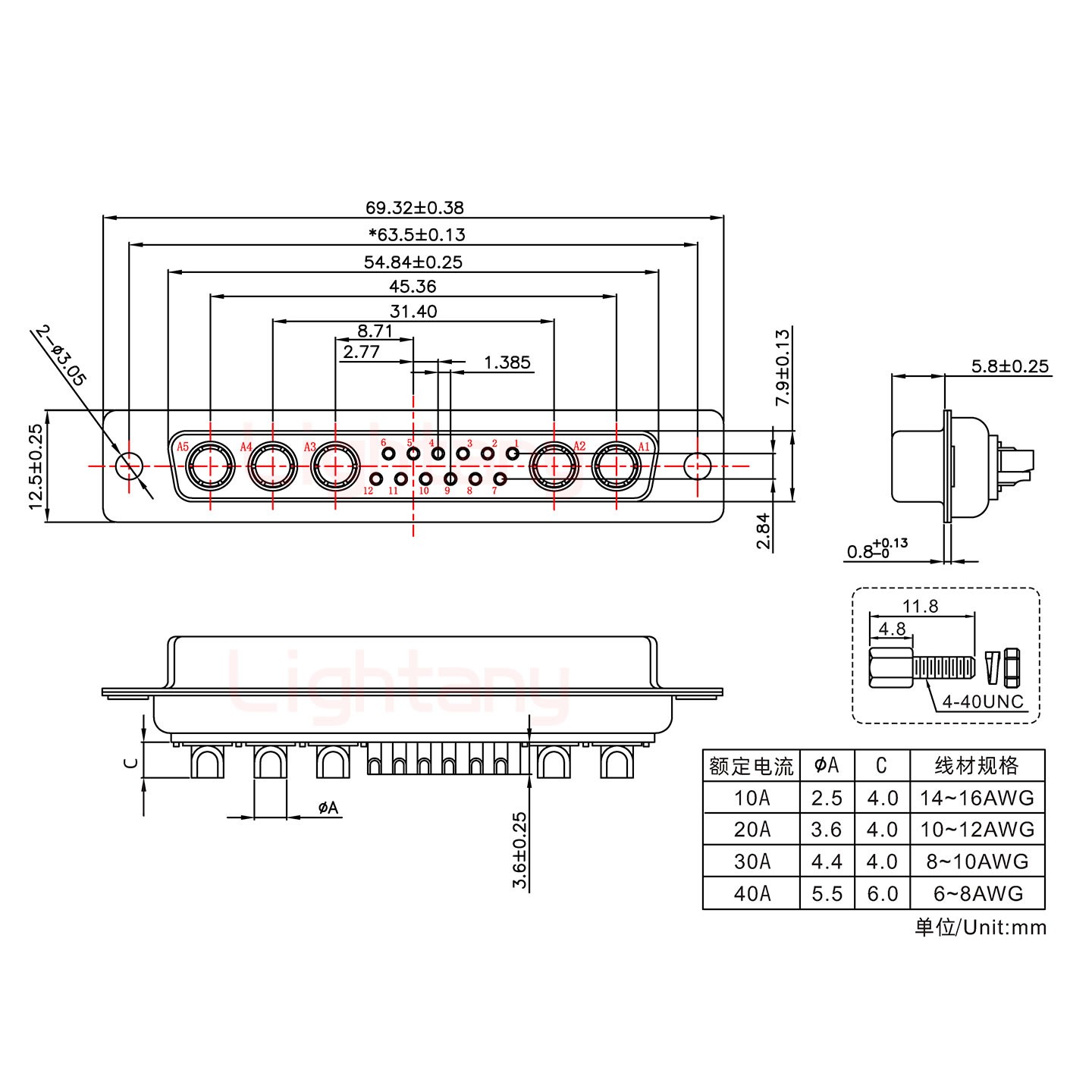 17W5母短體焊線/配螺絲螺母/大電流30A