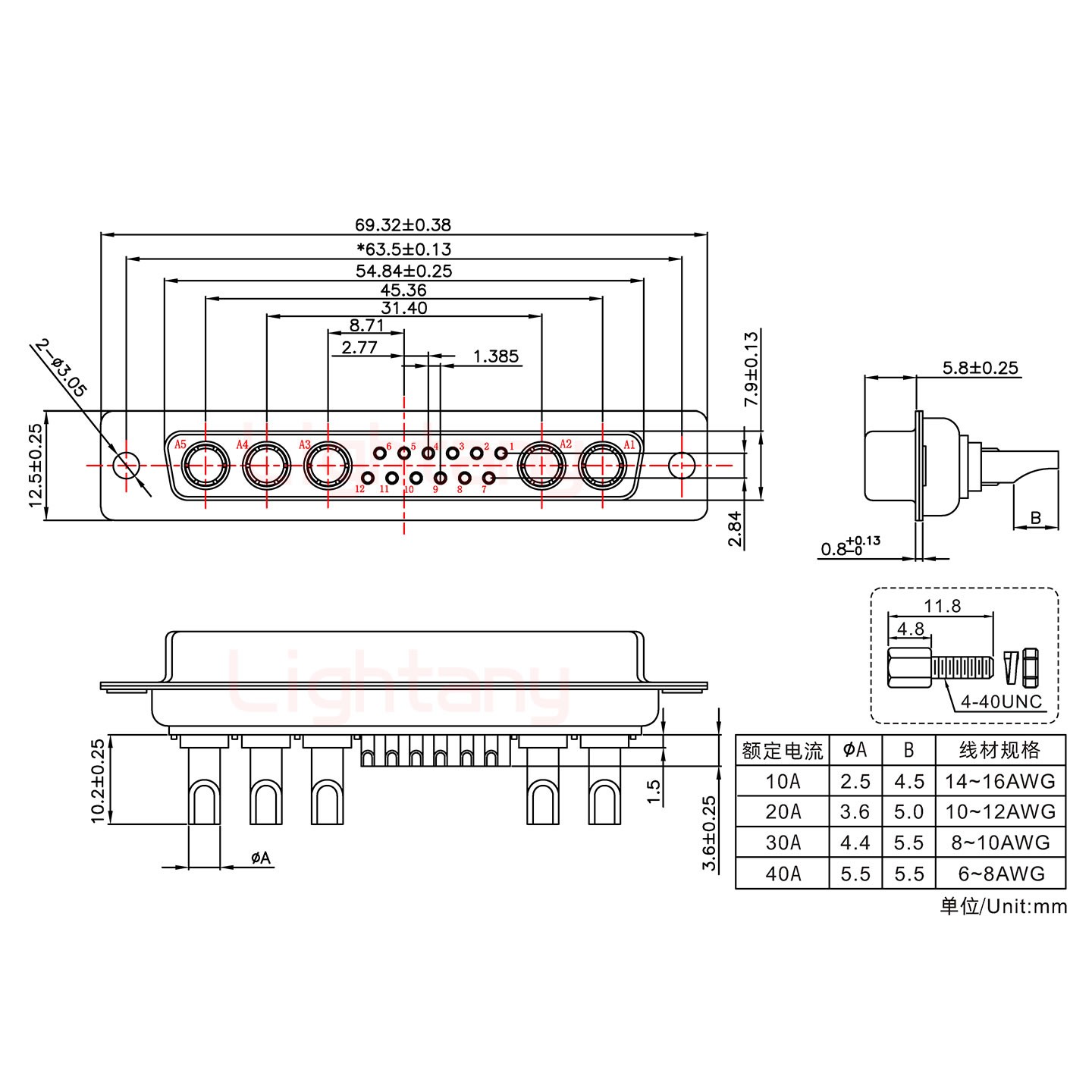 17W5母長體焊線/配螺絲螺母/大電流10A