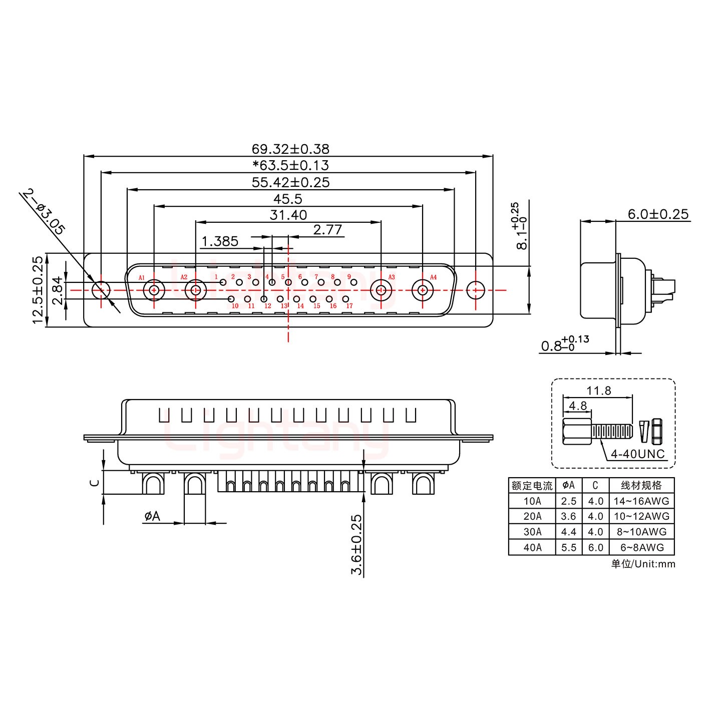 21W4公短體焊線/配螺絲螺母/大電流10A