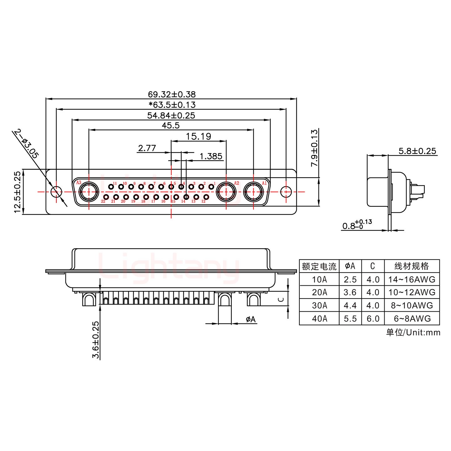 25W3母短體焊線/光孔/大電流40A