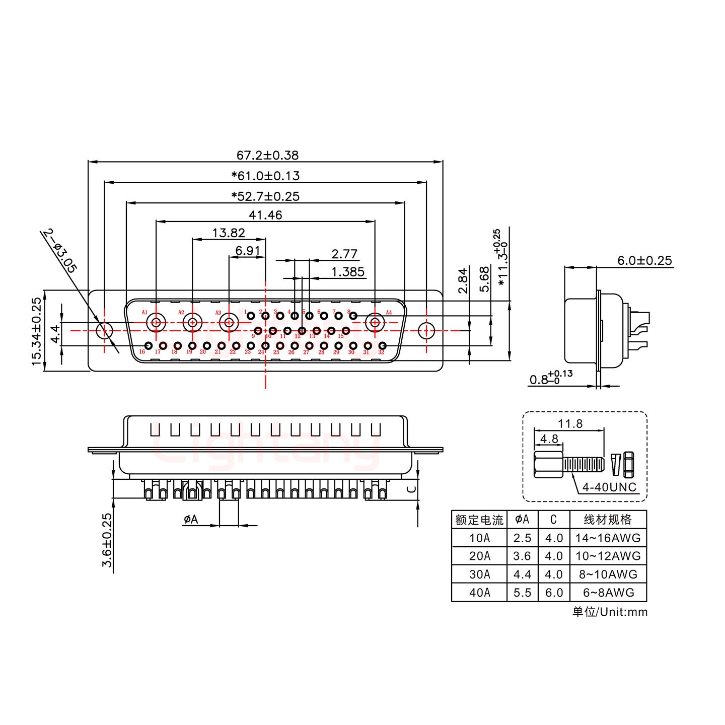 36W4公短體焊線/配螺絲螺母/大電流30A