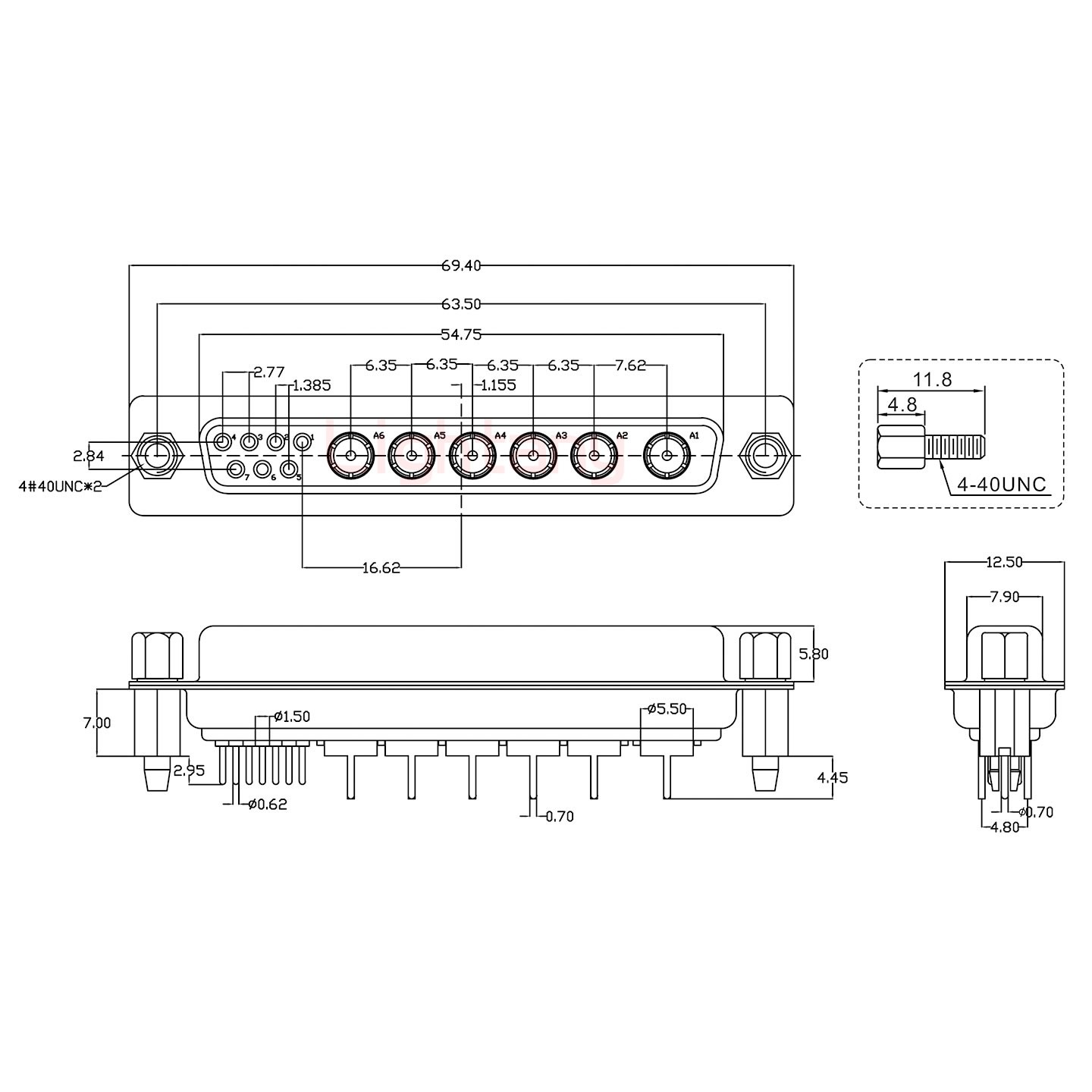 13W6B母PCB直插板/鉚魚叉7.0/射頻同軸50歐姆