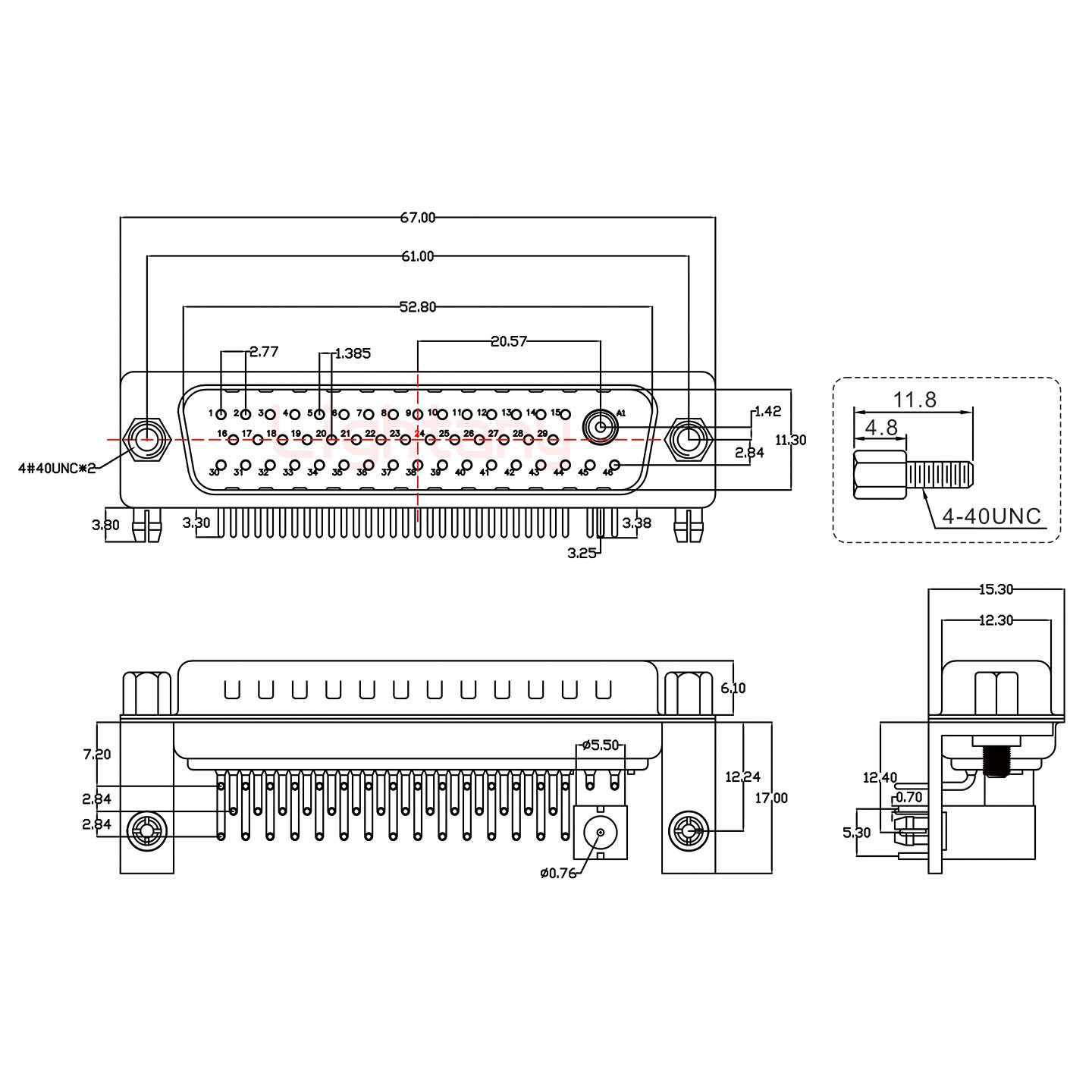 47W1公PCB彎插板/鉚支架12.2/射頻同軸75歐姆