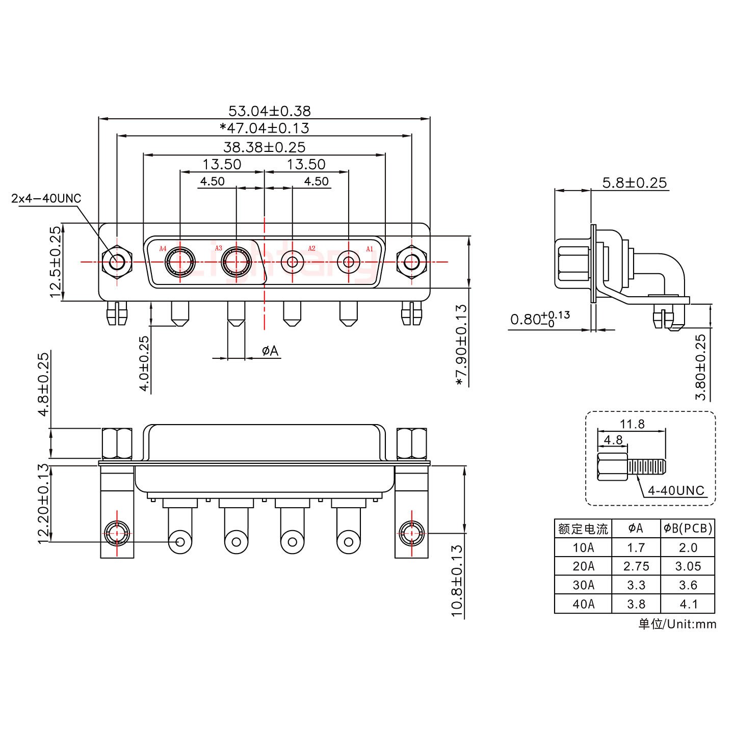 4V4母PCB彎插板/鉚支架10.8/大電流40A