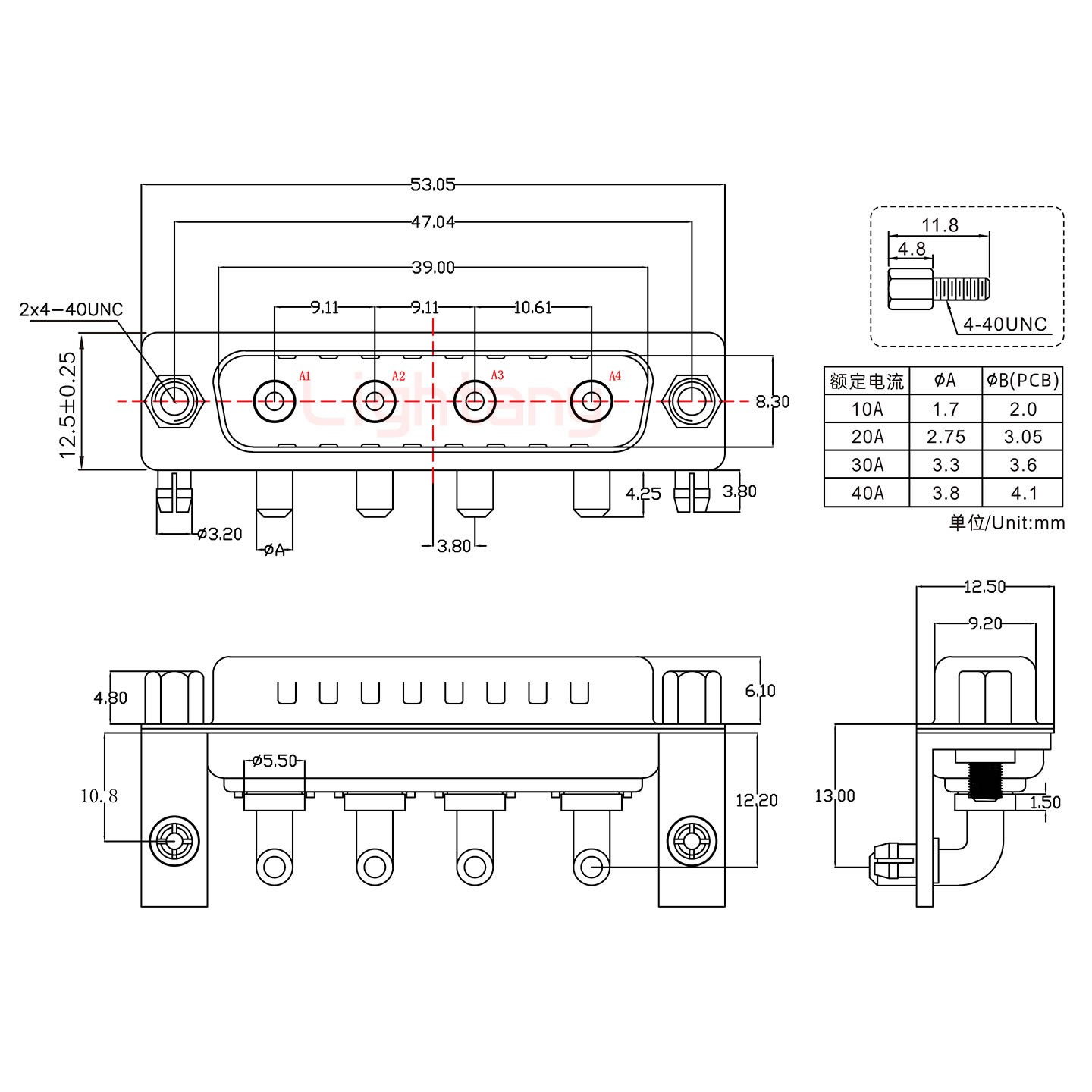 4W4公PCB彎插板/鉚支架10.8/大電流30A