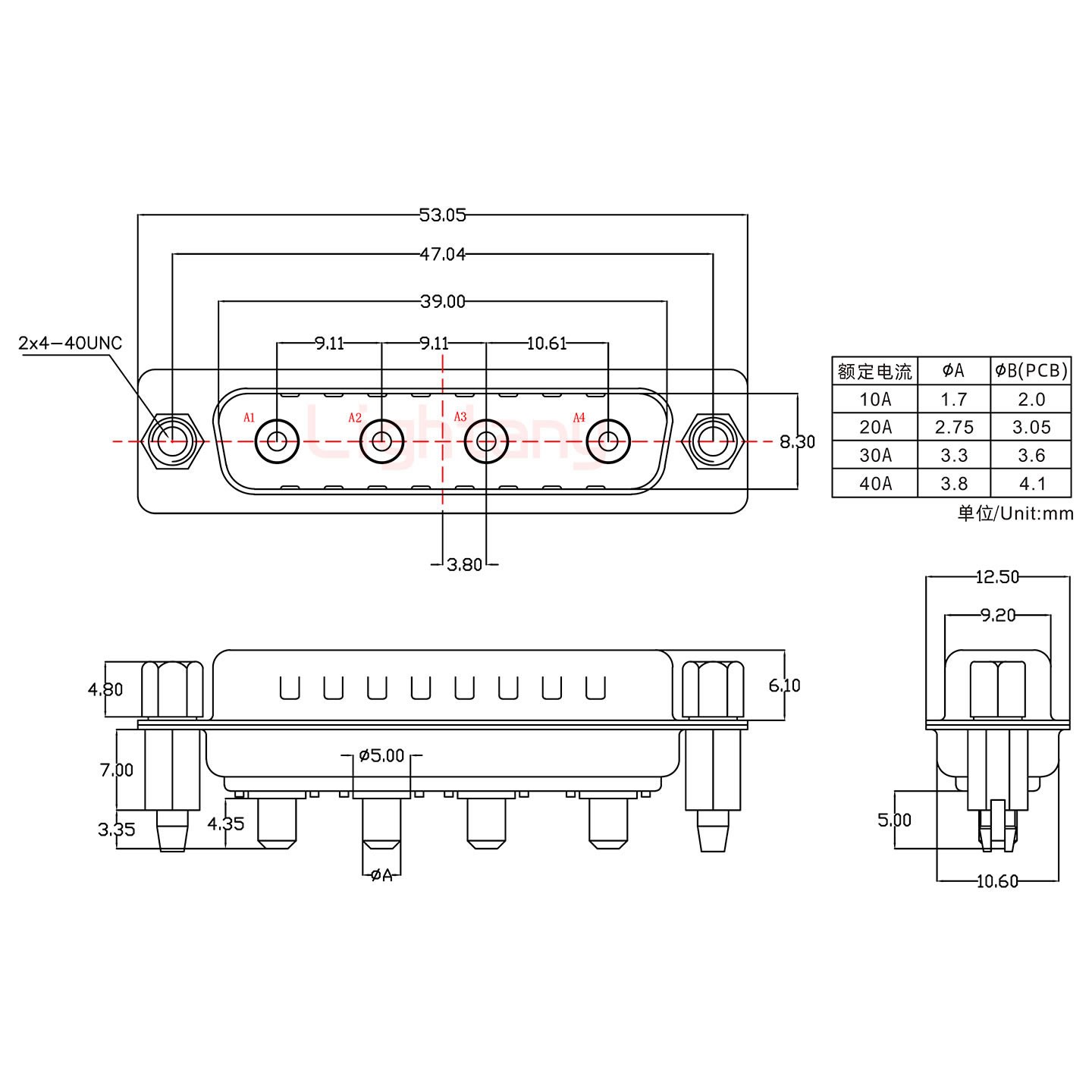 4W4公PCB直插板/鉚魚叉7.0/大電流40A