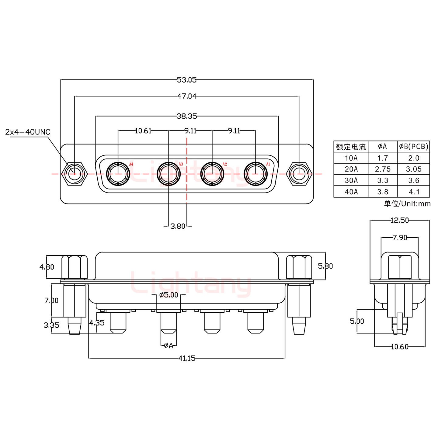 4W4母PCB直插板/鉚魚(yú)叉7.0/大電流40A