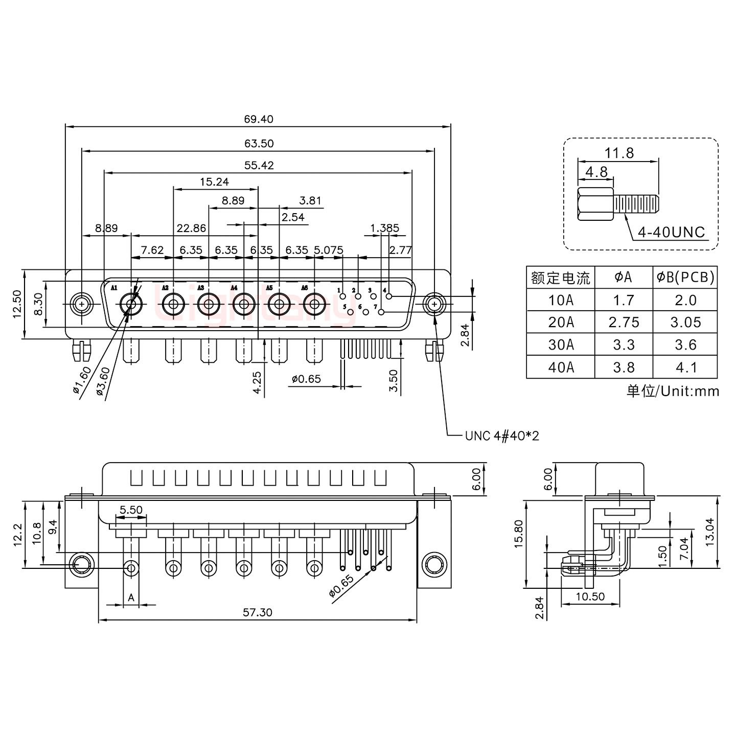 13W6B公PCB彎插板/鉚支架10.8/大電流20A