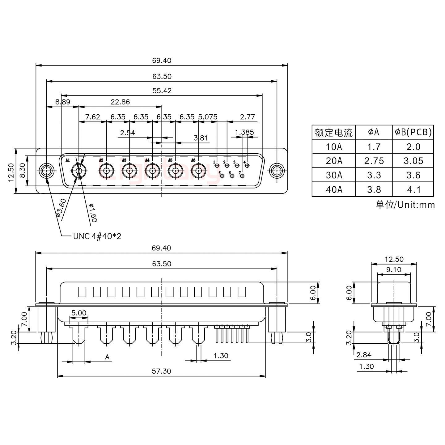 13W6B公PCB直插板/鉚支架7.0/大電流40A