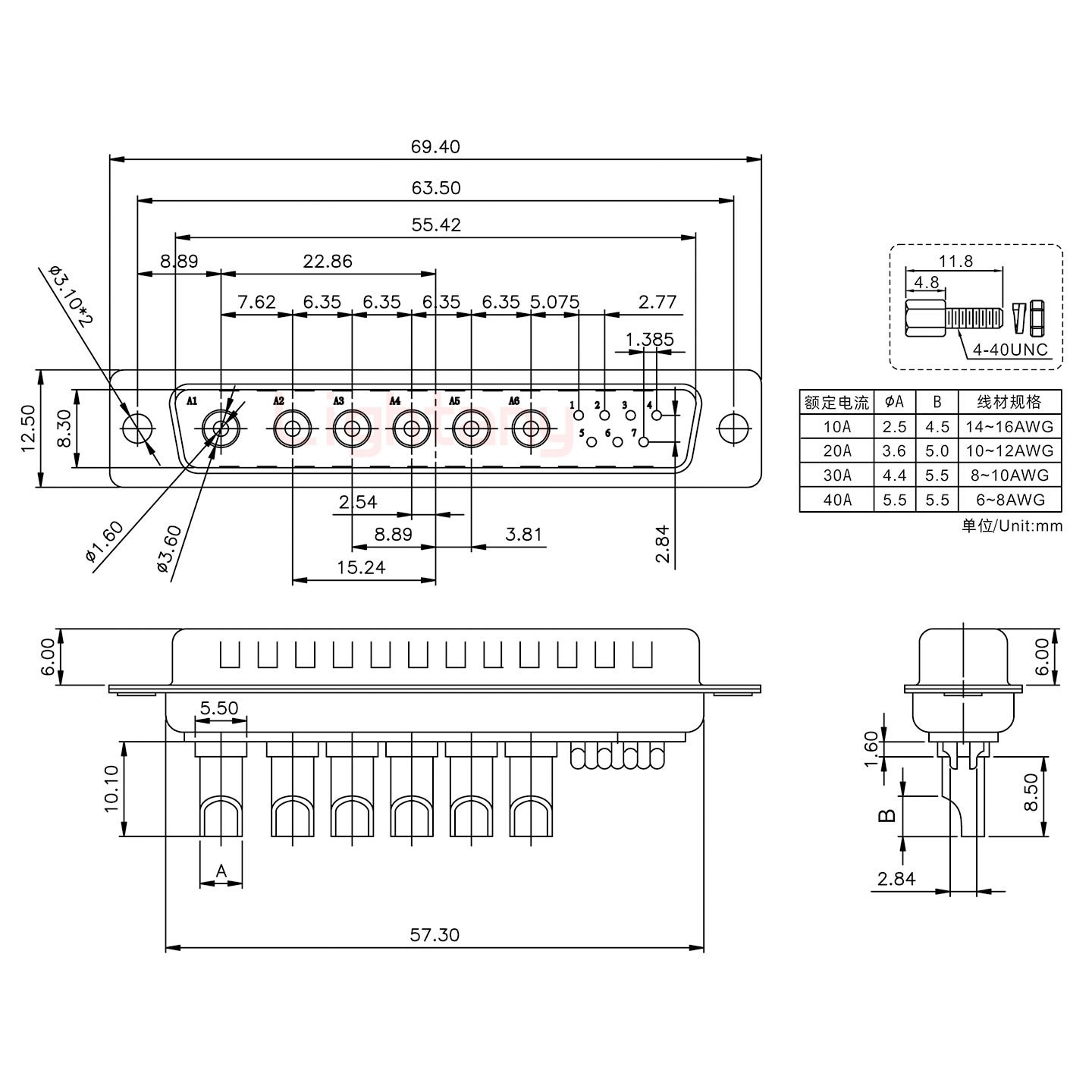 13W6B公長體焊線/配螺絲螺母/大電流30A