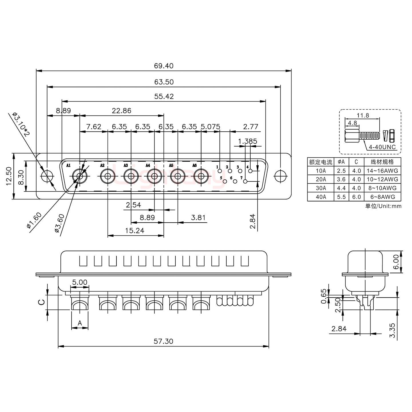 13W6B公短體焊線/配螺絲螺母/大電流40A