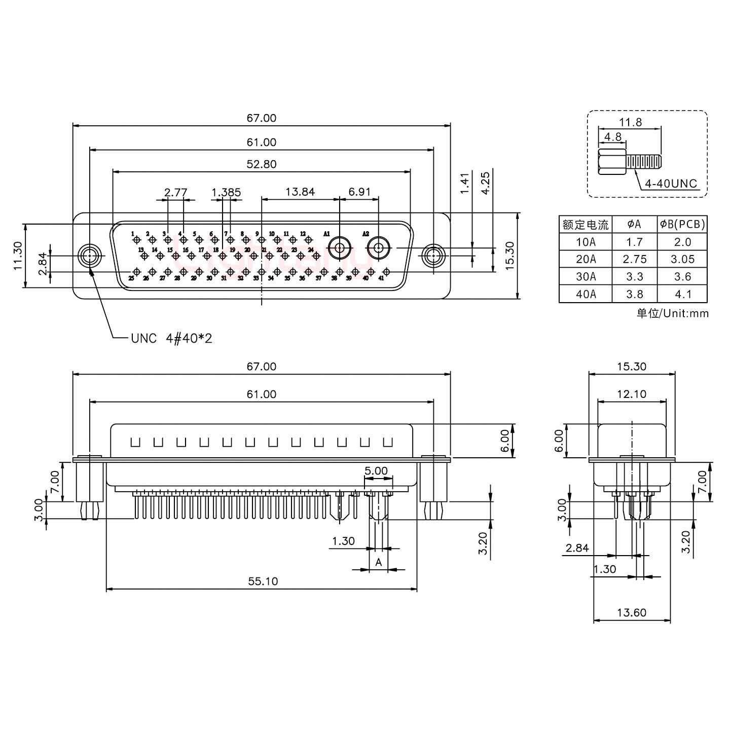 43W2公PCB直插板/鉚魚叉7.0/大電流10A