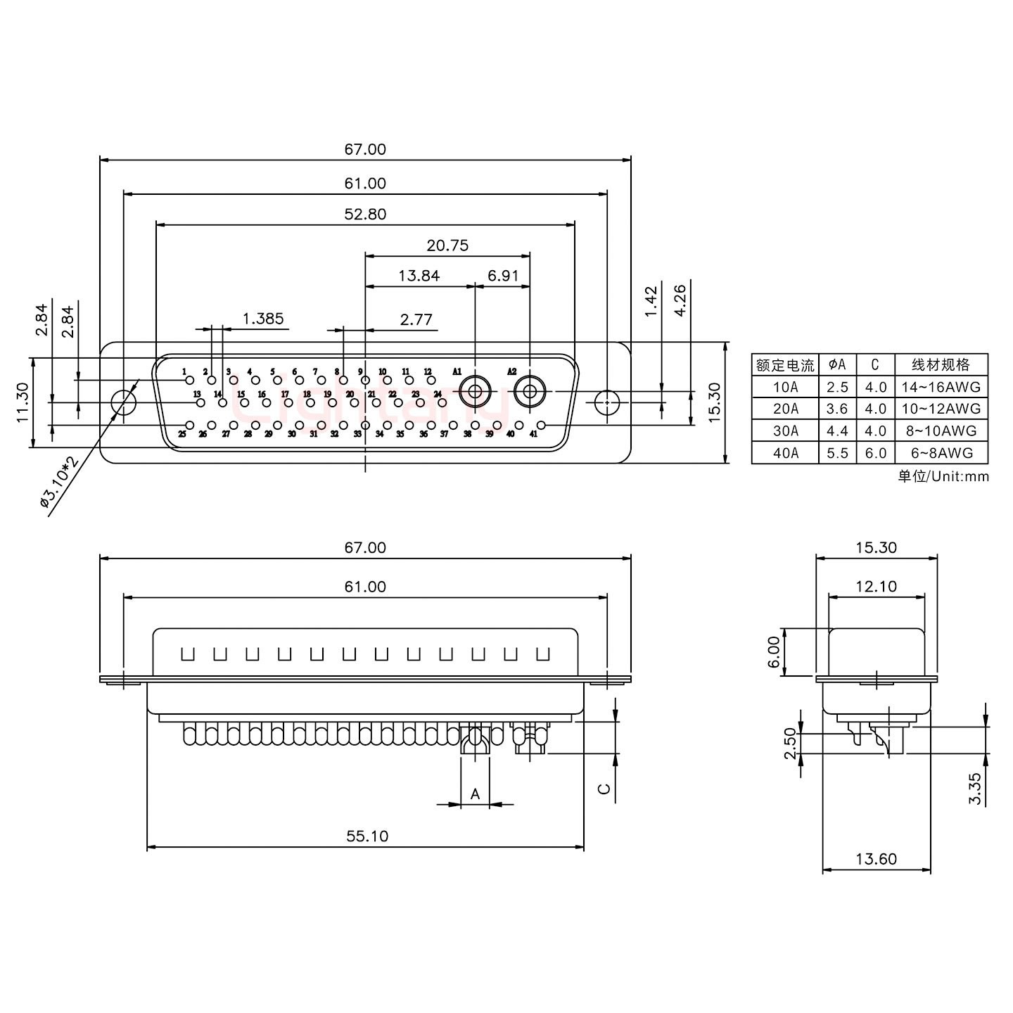 43W2公短體焊線/光孔/大電流30A