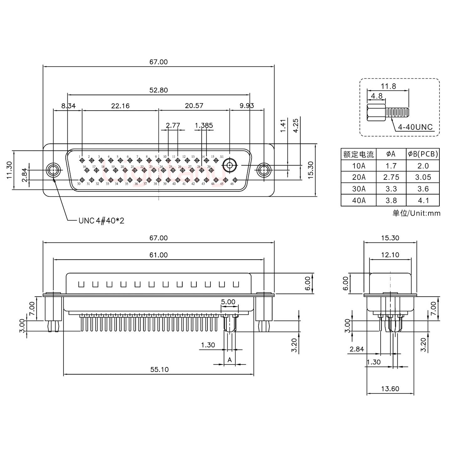 47W1公PCB直插板/鉚魚叉7.0/大電流30A