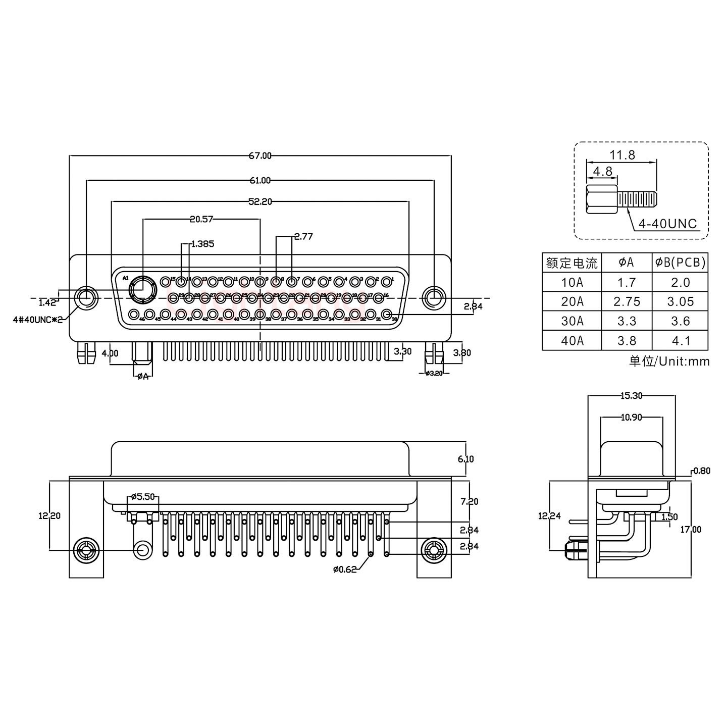 47W1母PCB彎插板/鉚支架12.2/大電流30A