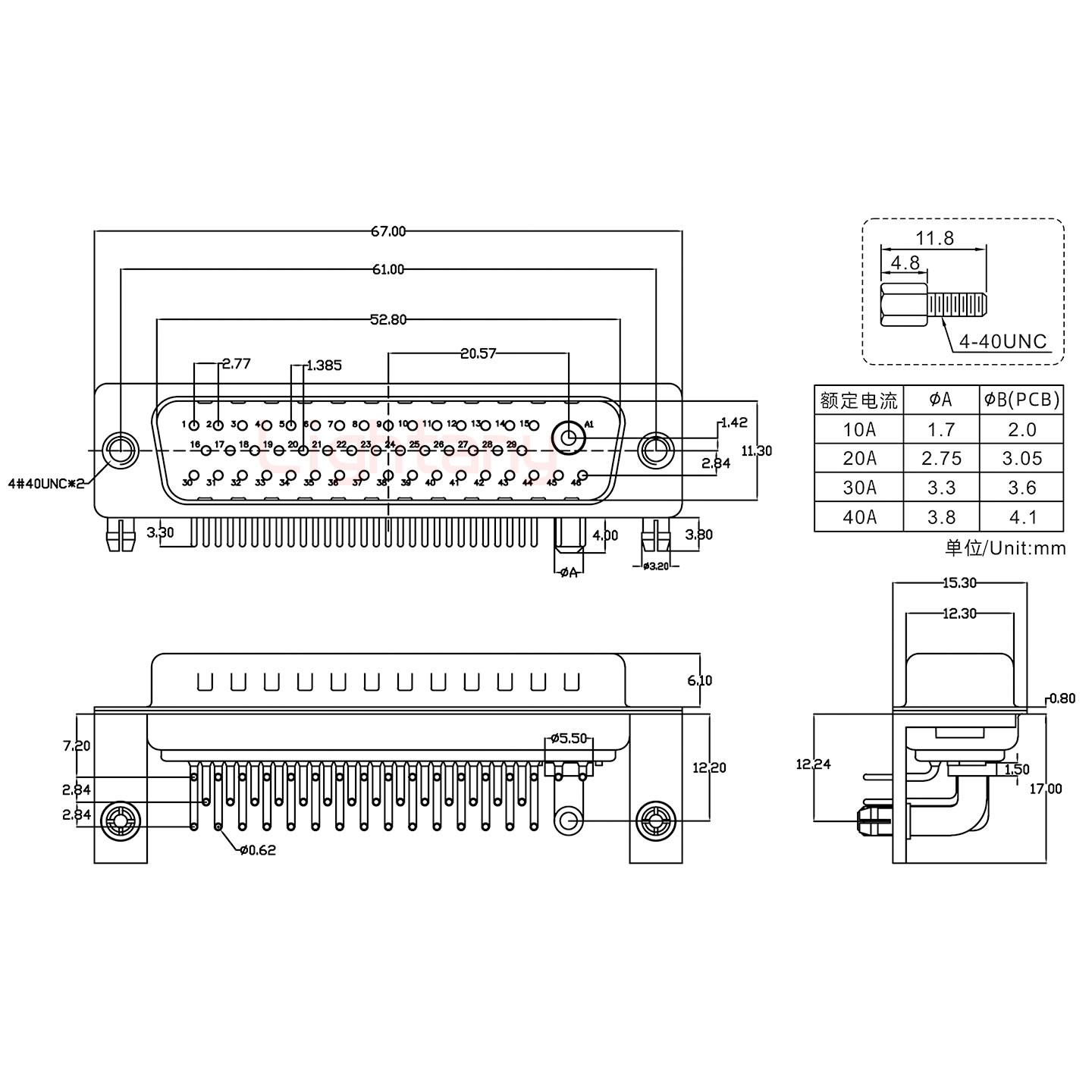 47W1公PCB彎插板/鉚支架12.2/大電流10A